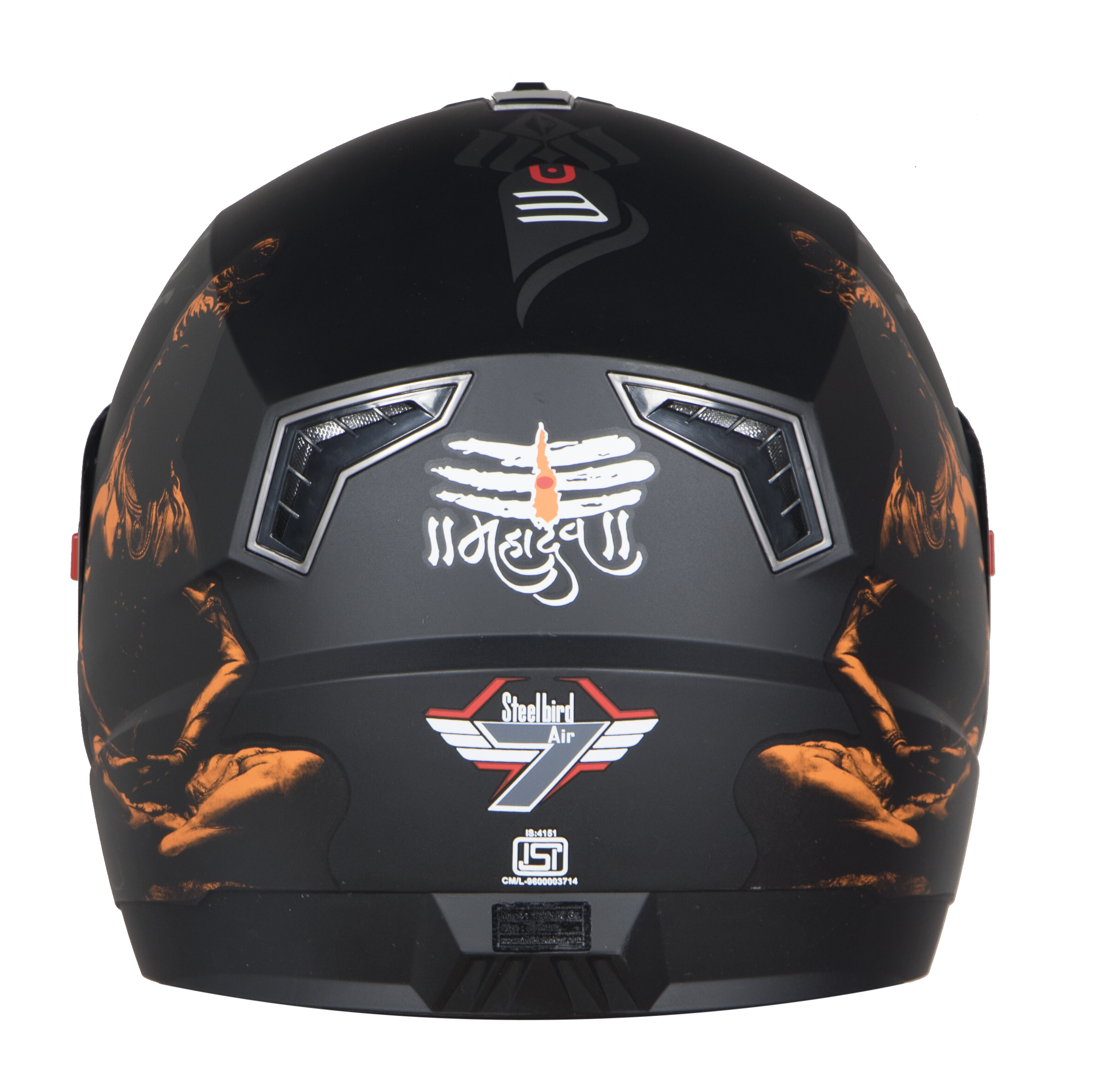Steelbird SBA-1 Mahadev Full Face ISI Certified Graphic Helmet (Matt Black Orange With Chrome Gold Visor)