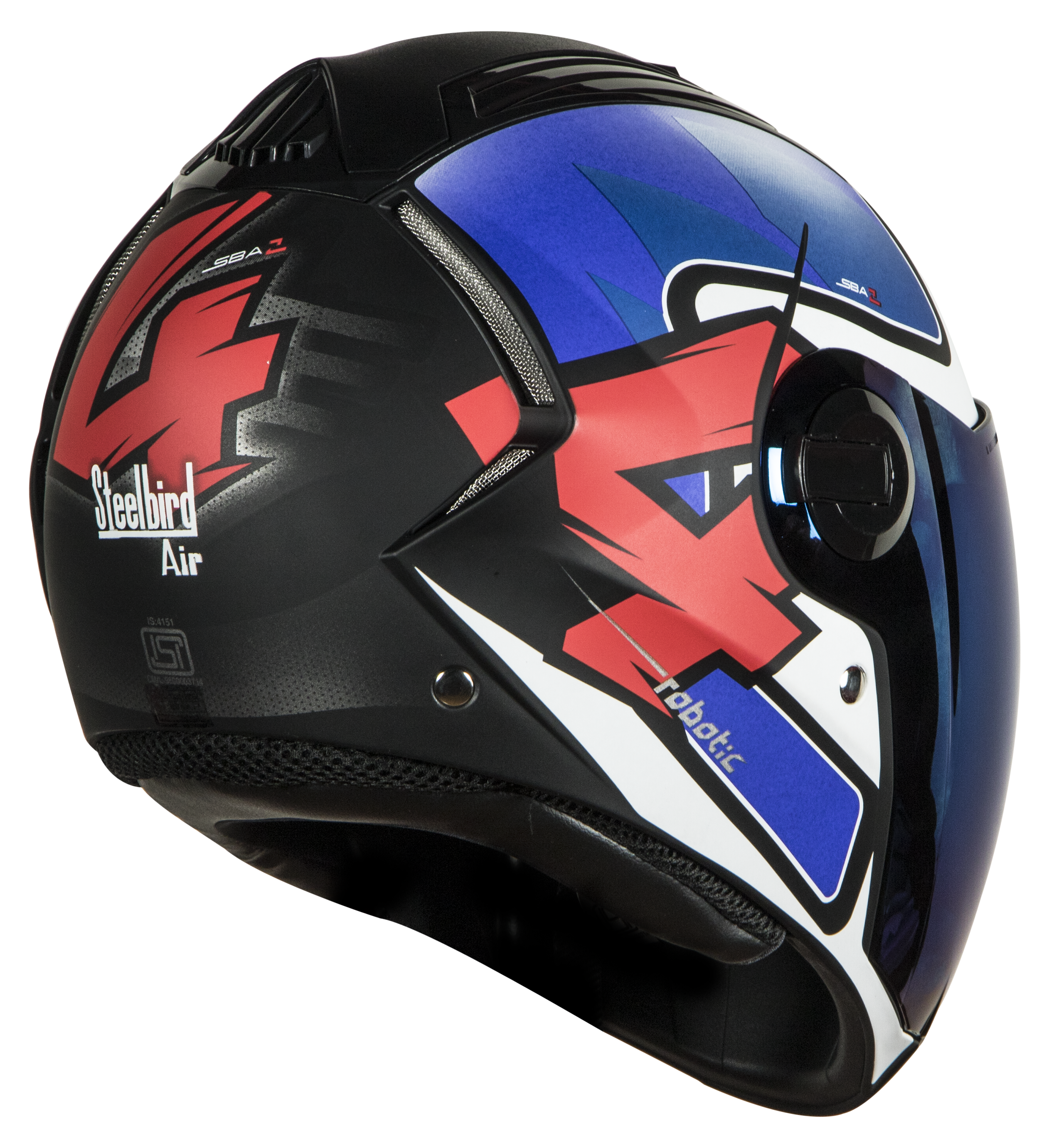 SBA-2 ROBOTICS MAT BLACK WITH BLUE AND WHITE ( Fitted With Clear Visor  Extra Blue Chrome Visor Free)