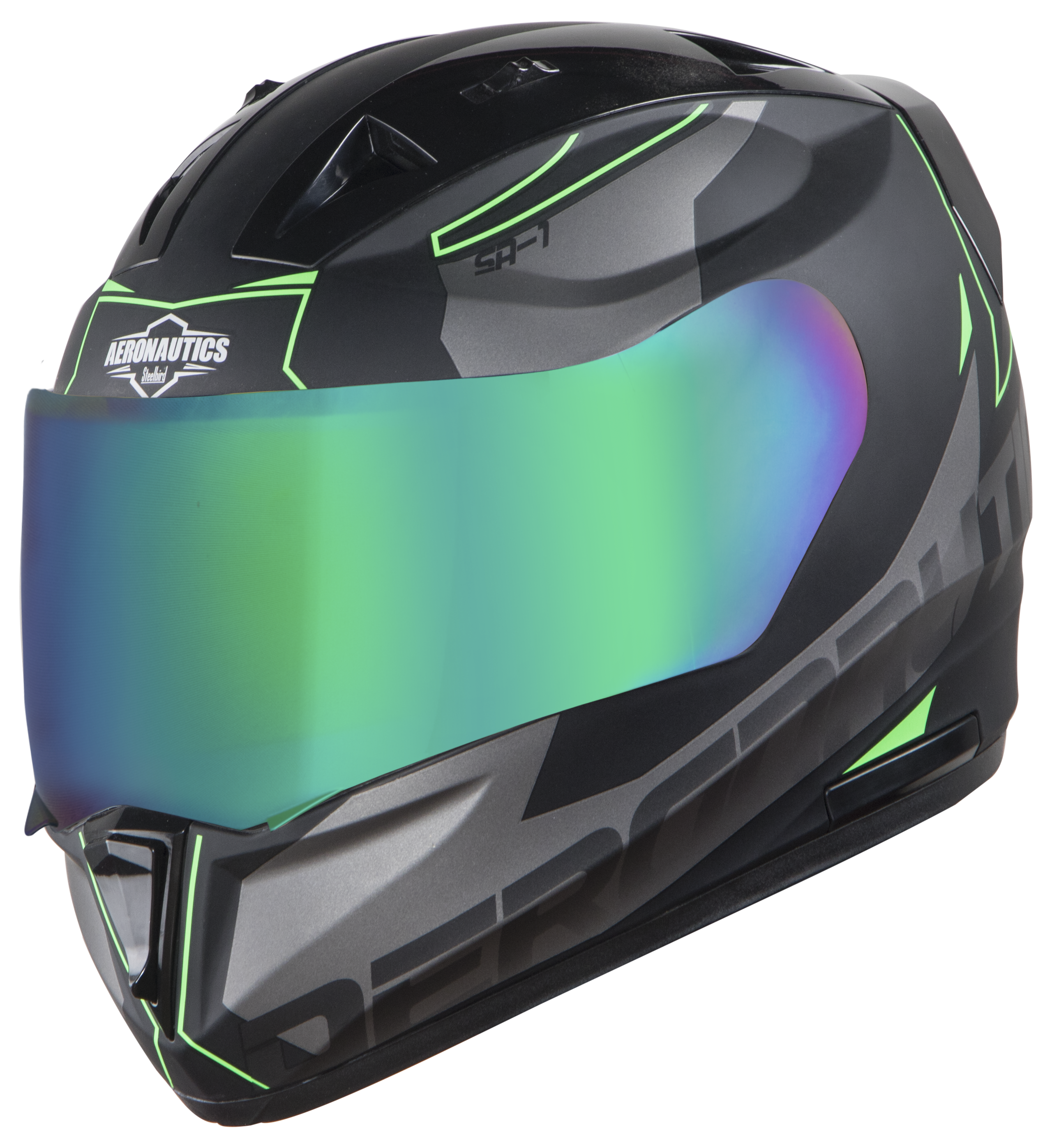 SA-1 RTW Mat Black With Green (Fitted With Clear Visor Extra Chrome Rainbow Visor Free)