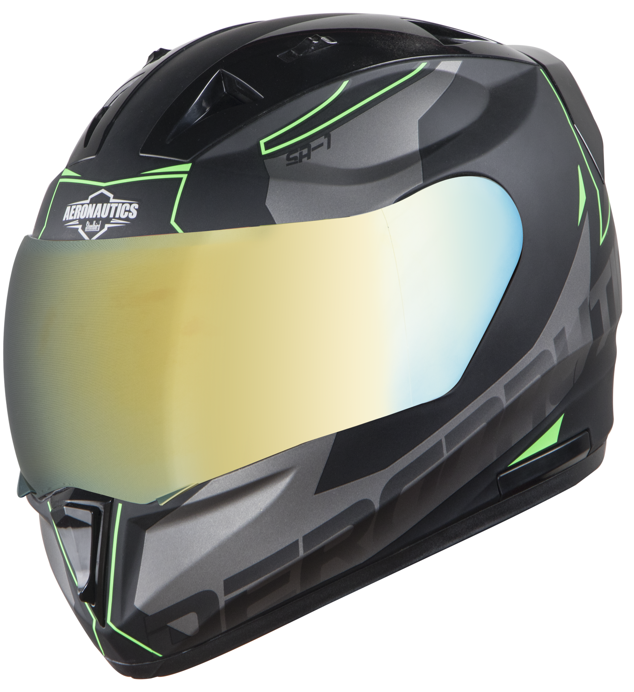 SA-1 RTW Mat Black With Green (Fitted With Clear Visor Extra Chrome Gold Visor Free)