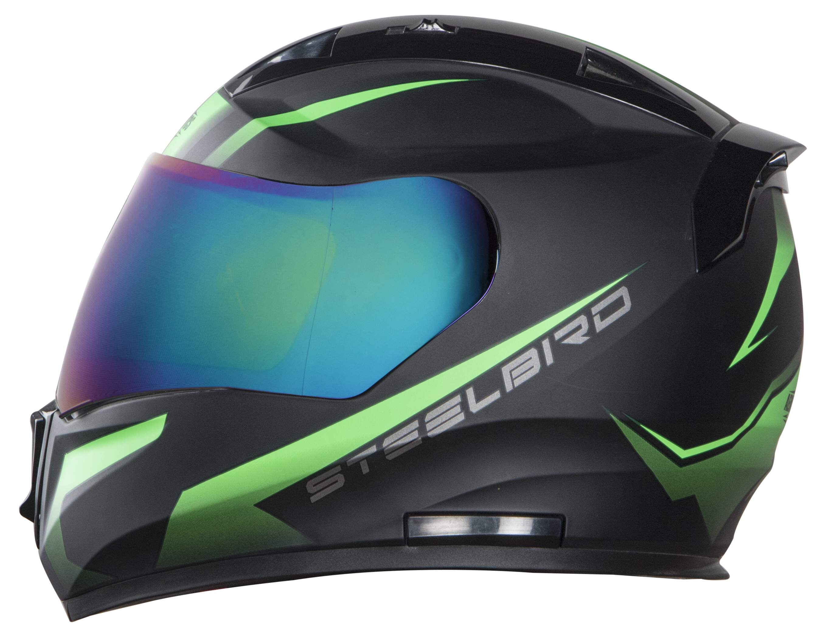 Steelbird SA-1 Whif ISI Certified Full Face Helmet (Matt Black Green With Chrome Rainbow Visor)