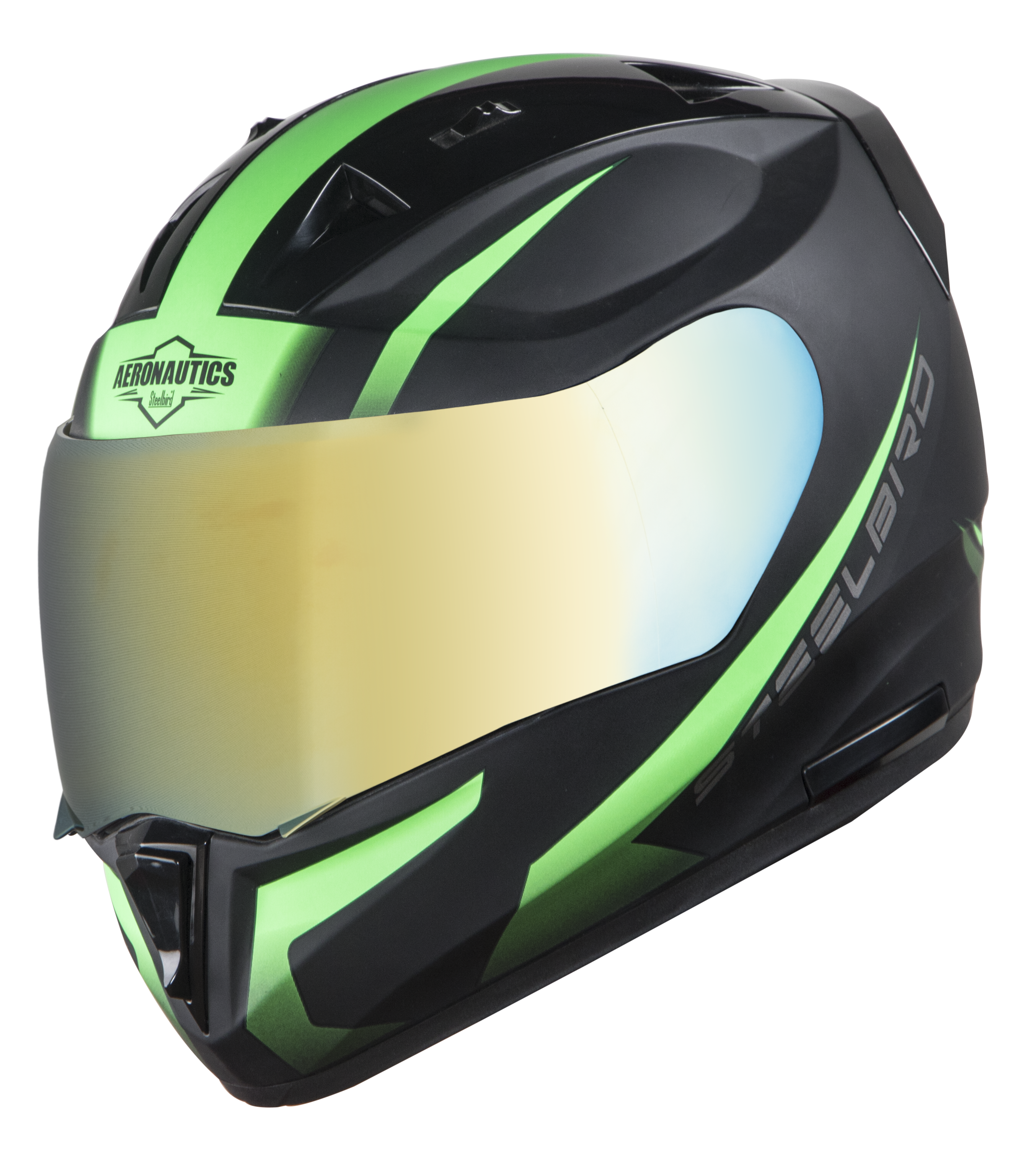 Steelbird SA-1 Whif ISI Certified Full Face Helmet (Matt Black Green With Chrome Gold Visor)