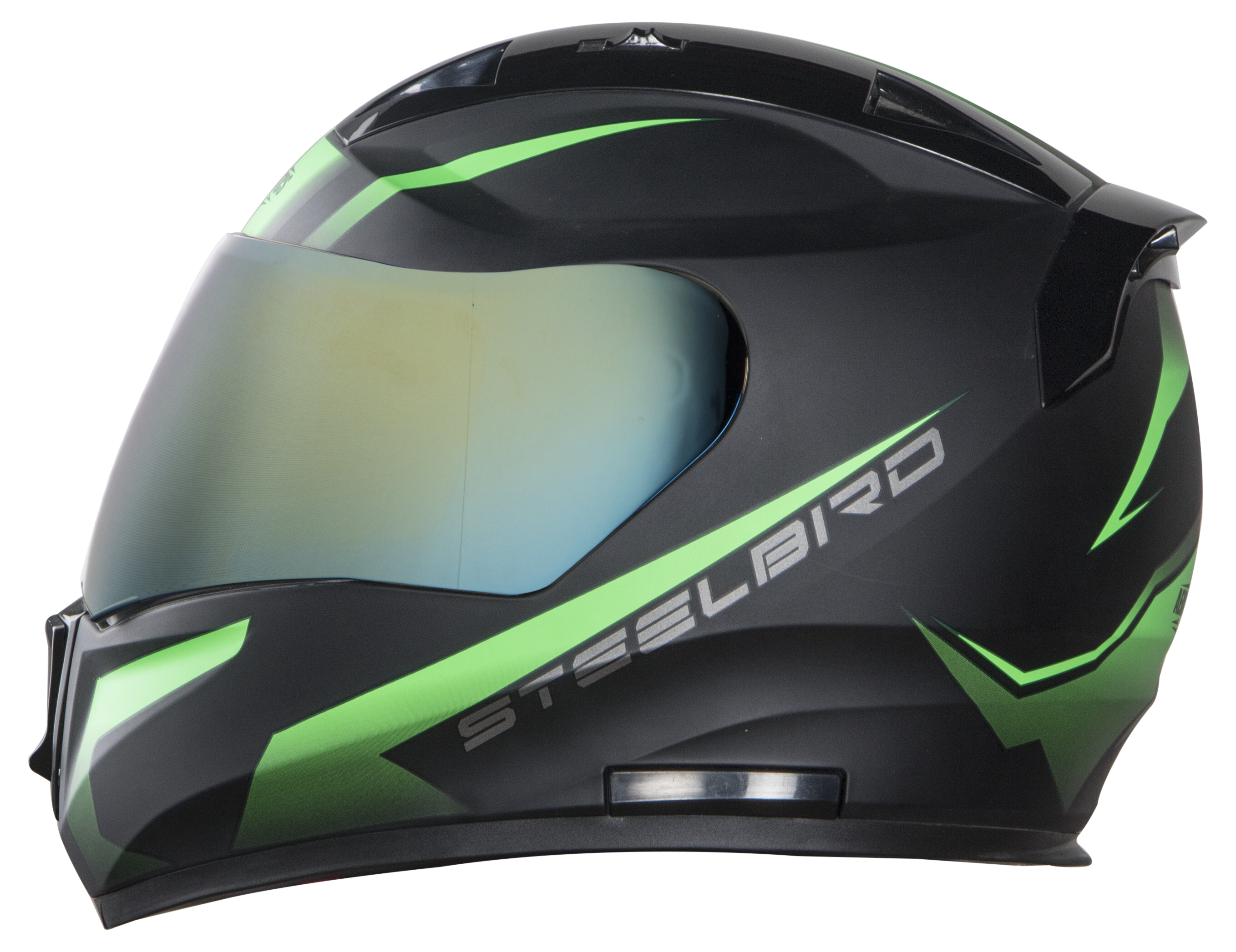 Steelbird SA-1 Whif ISI Certified Full Face Helmet (Matt Black Green With Chrome Gold Visor)