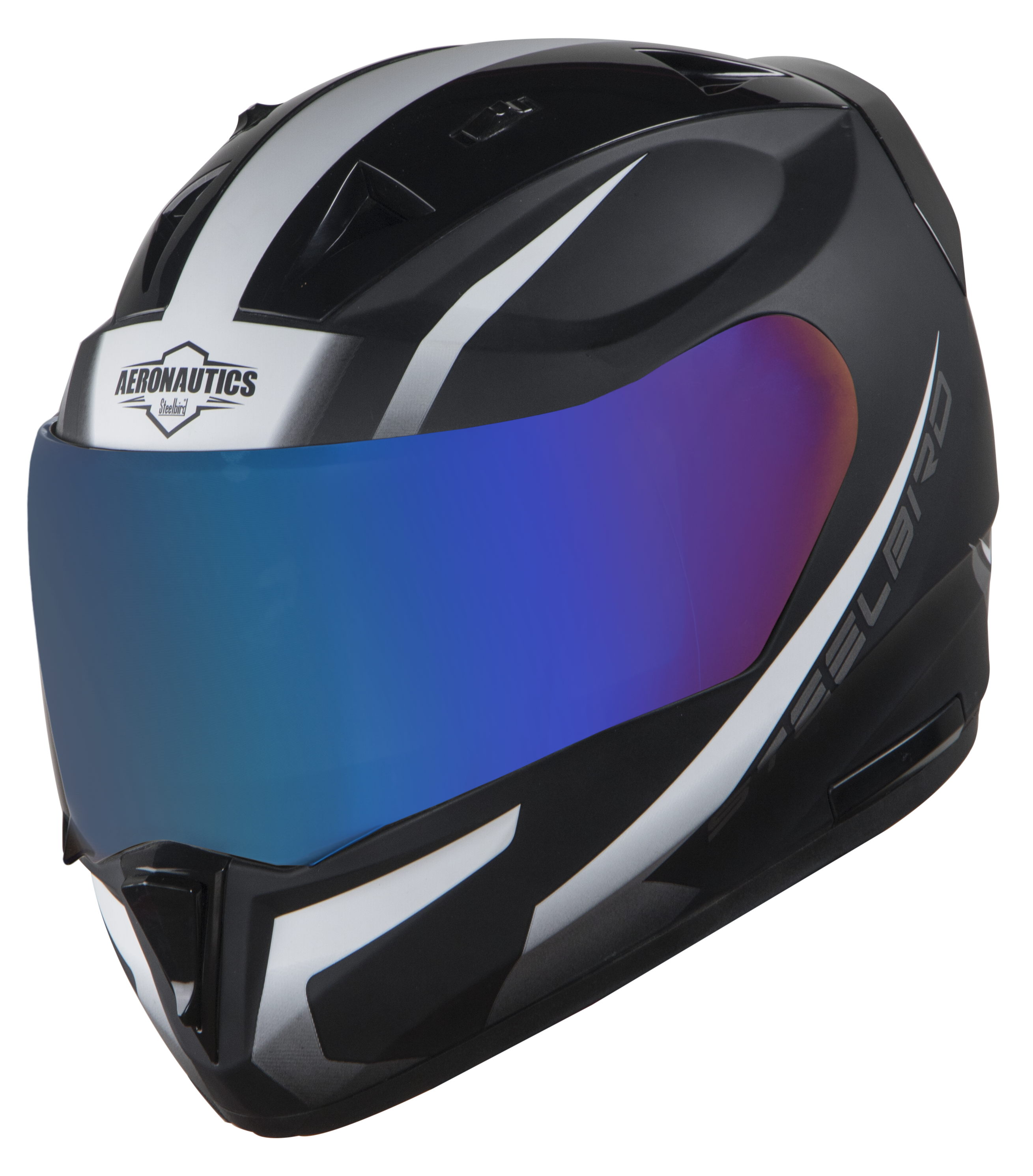 Steelbird SA-1 Whif ISI Certified Full Face Helmet (Matt Black White With Chrome Blue Visor)