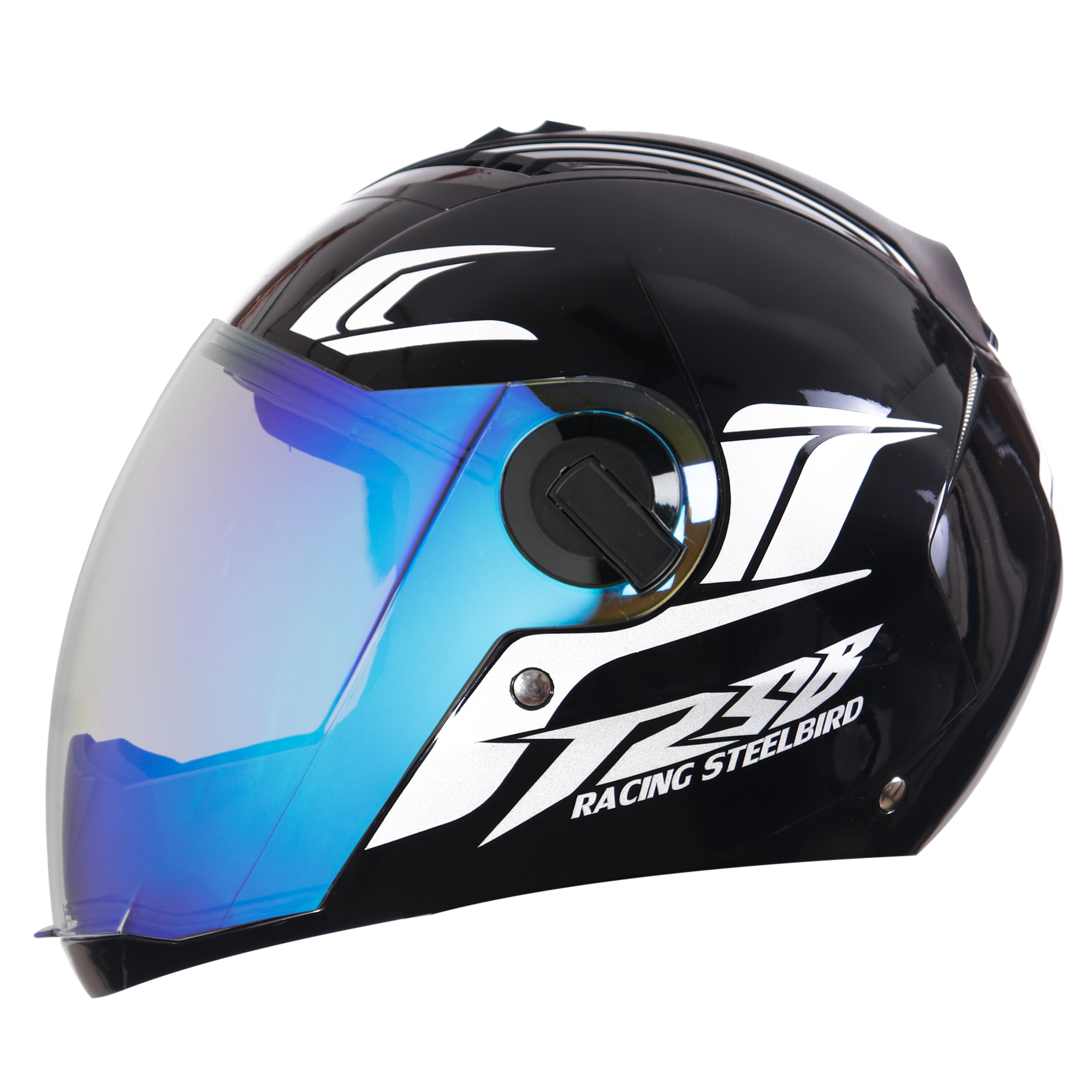 SBA-2 Moon Glossy Black With White ( Fitted With Clear Visor Extra Blue Night Vision Visor Free)