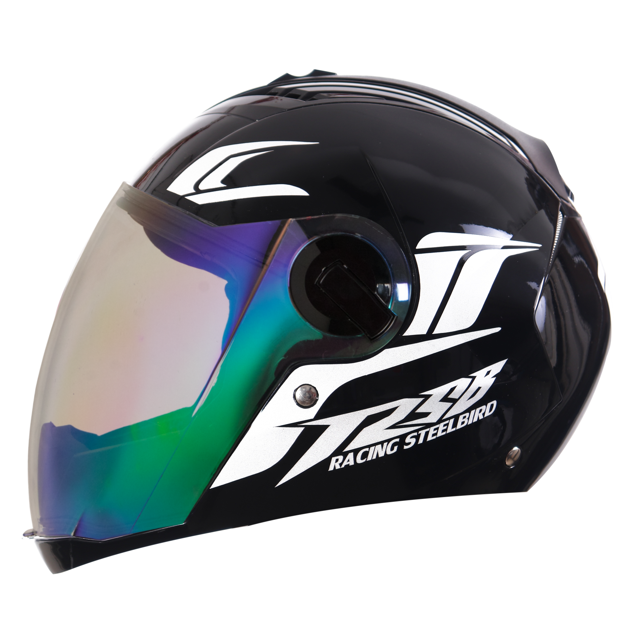 SBA-2 Moon Glossy Black With White ) Fitted With Clear Visor Extra Rainbow Night Vision Visor Free)
