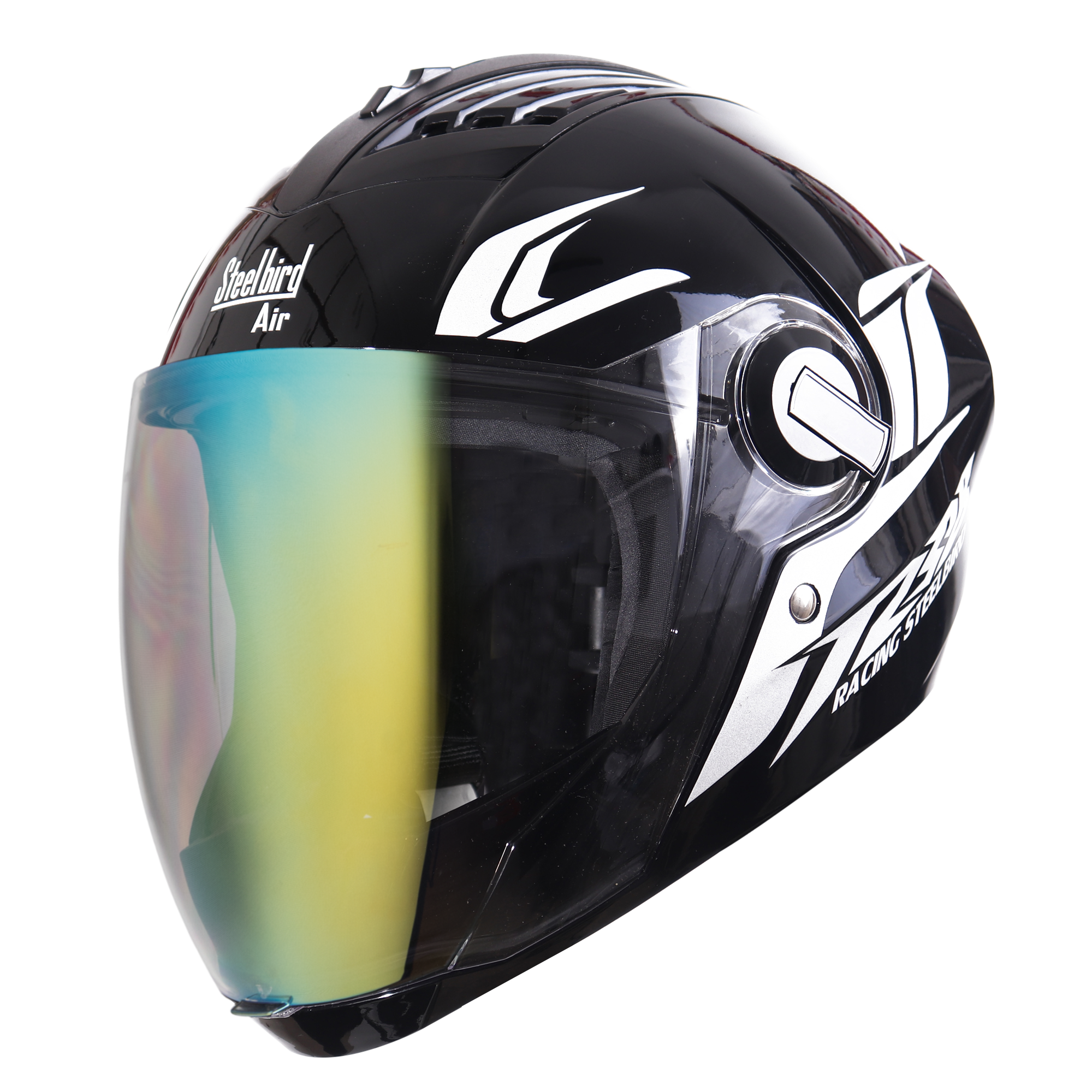 SBA-2 Moon Glossy Black With White (Fitted With Clear Visor Extra Night Vision Gold Visor Free)