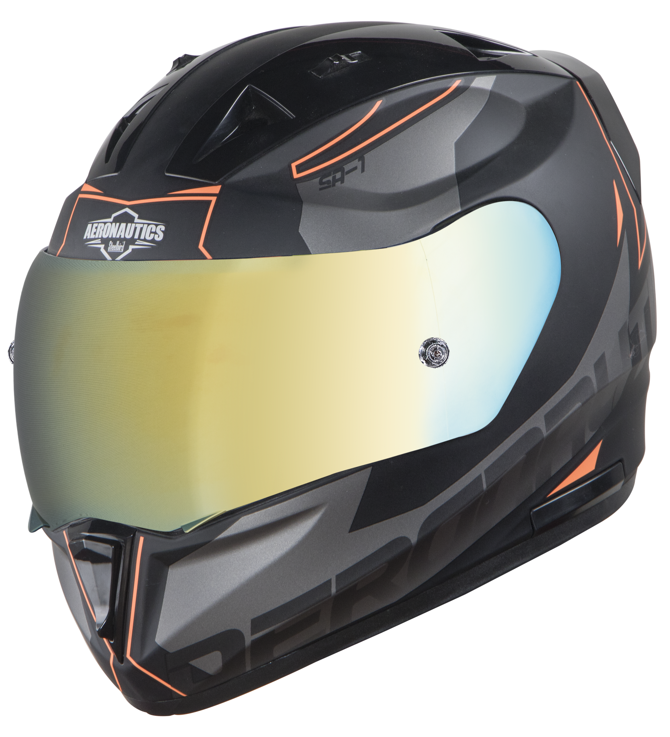 SA-1 RTW Mat Black/Orange With Anti-Fog Shield Gold Chrome Visor(Fitted With Clear Visor Extra Gold Chrome Anti-Fog Shield Visor Free)