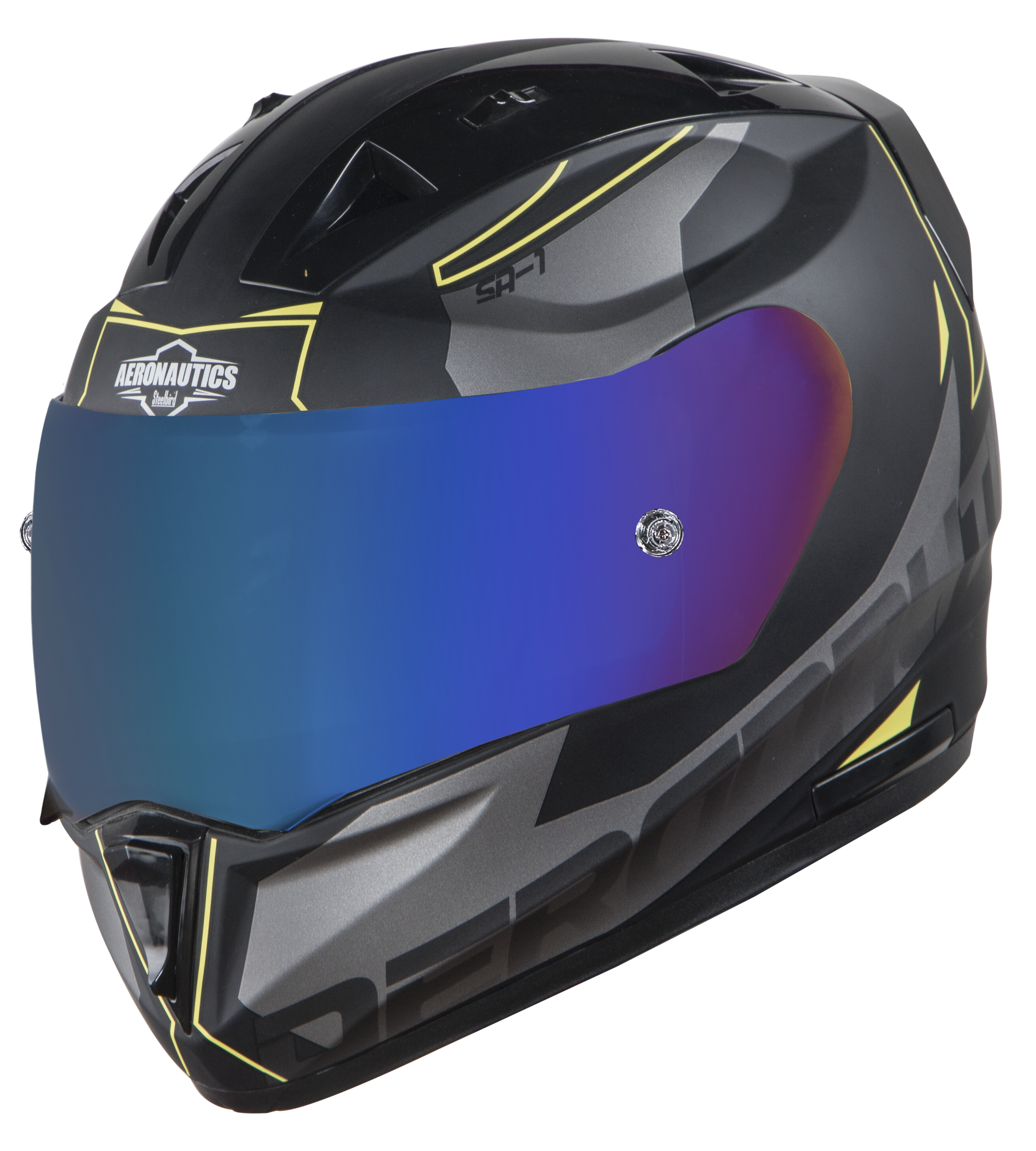 SA-1 RTW Mat Black/Yellow With Anti-Fog Shield Blue Chrome Visor(Fitted With Clear Visor Extra Blue Chrome Anti-Fog Shield Visor Free)