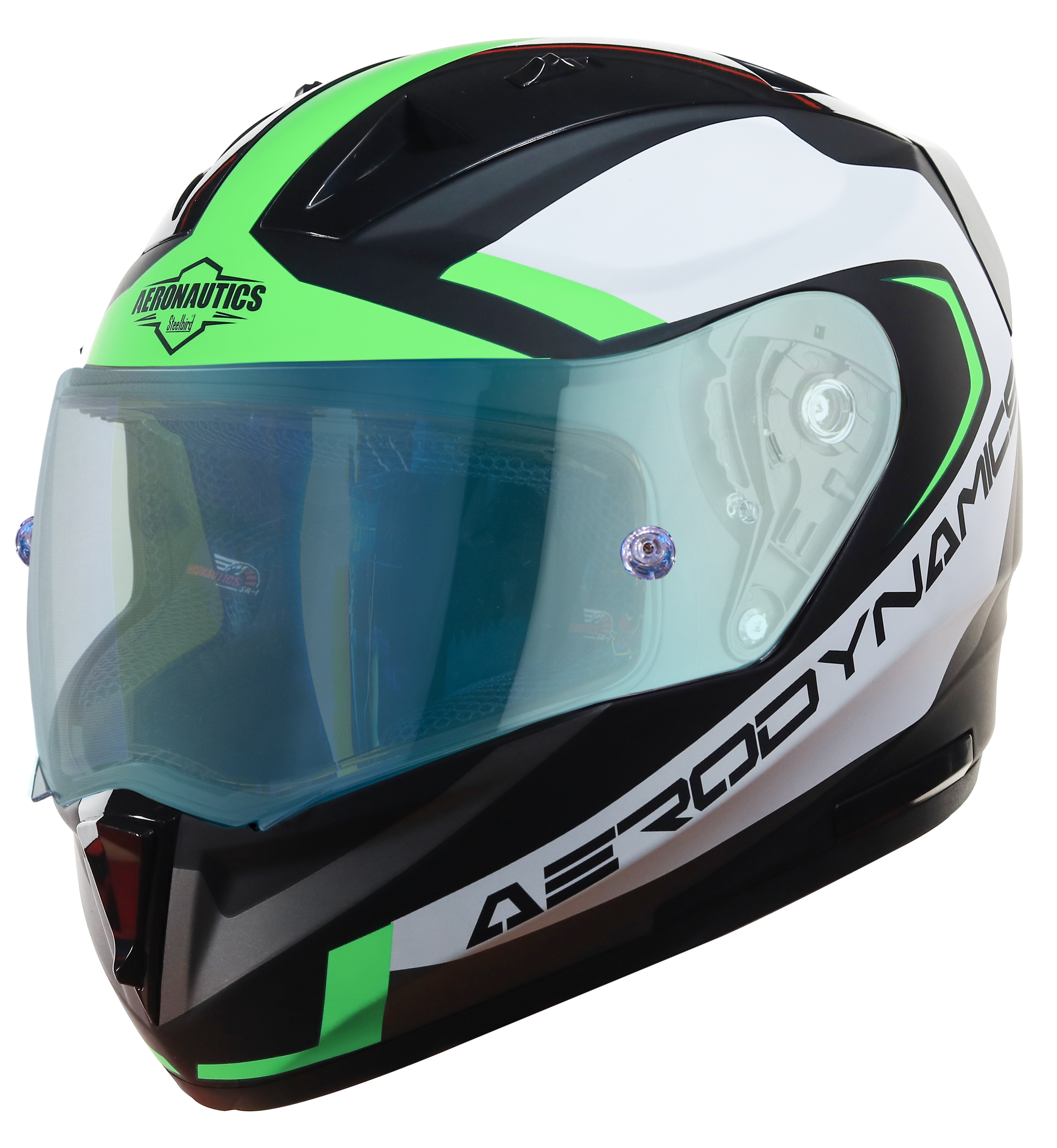 SA-1 Aerodynamics Mat Black/Green With Anti-Fog Shield Blue Night Vision Visor (Fitted With Clear Visor Extra Blue Night Vision Anti-Fog Shield Visor Free)