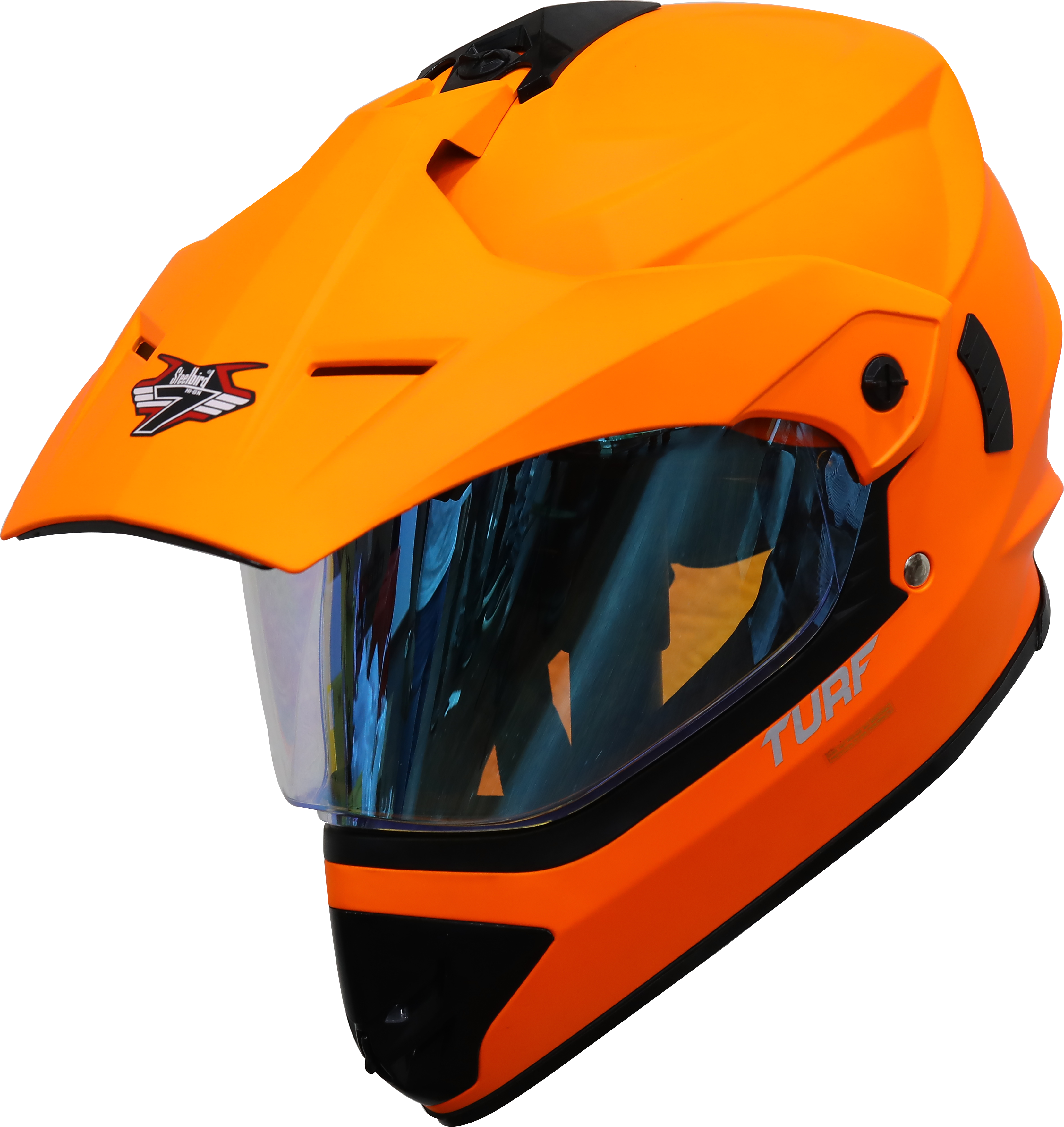 SB-42 Turf Single Visor Glossy Fluo Orange With Blue Night Vision Visor (With Extra Clear Visor)