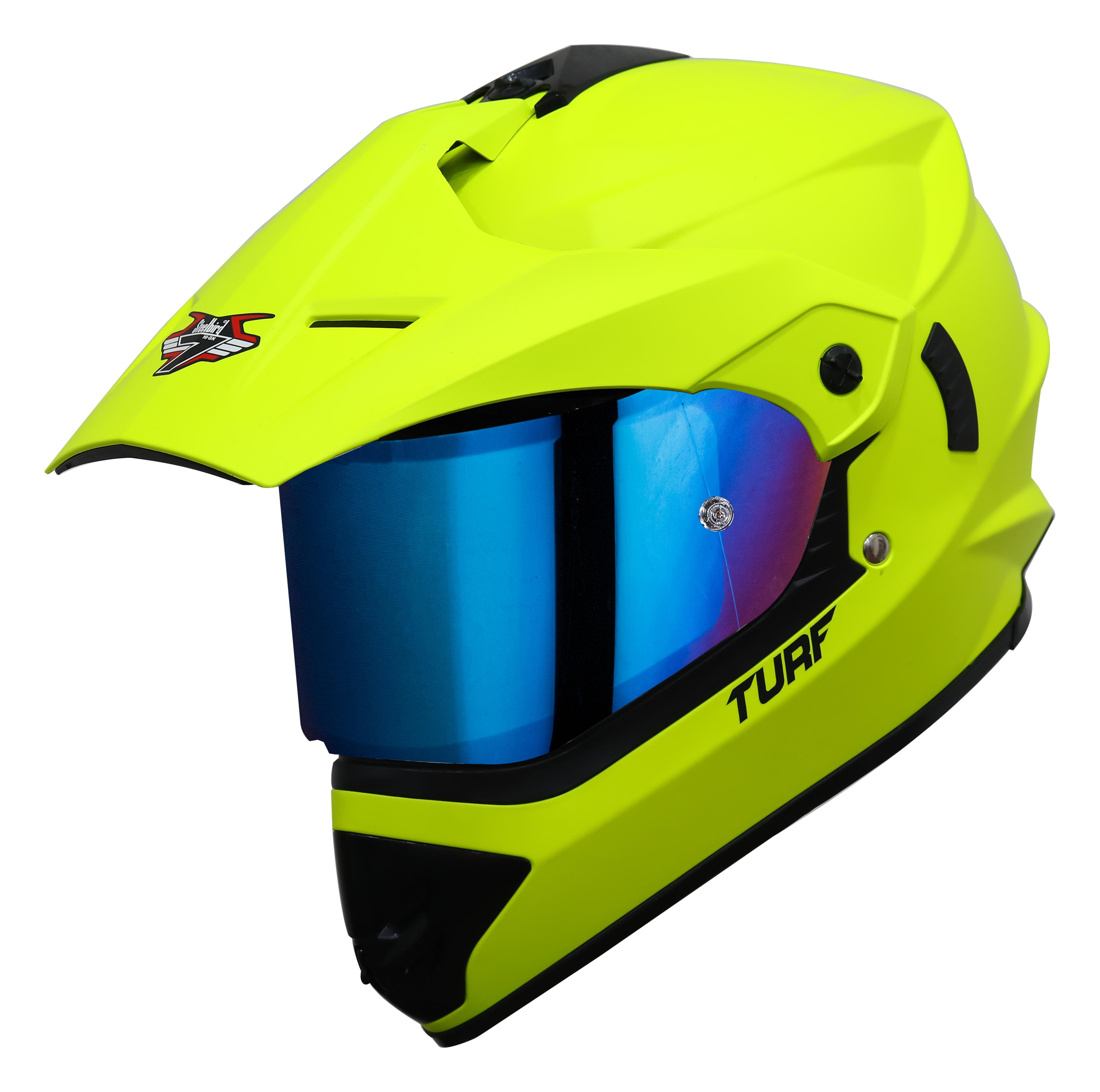 SB-42 Turf Single Visor Glossy Fluo Neon With Anti-Fog Shield Chrome Blue Visor (With Extra Clear Visor)