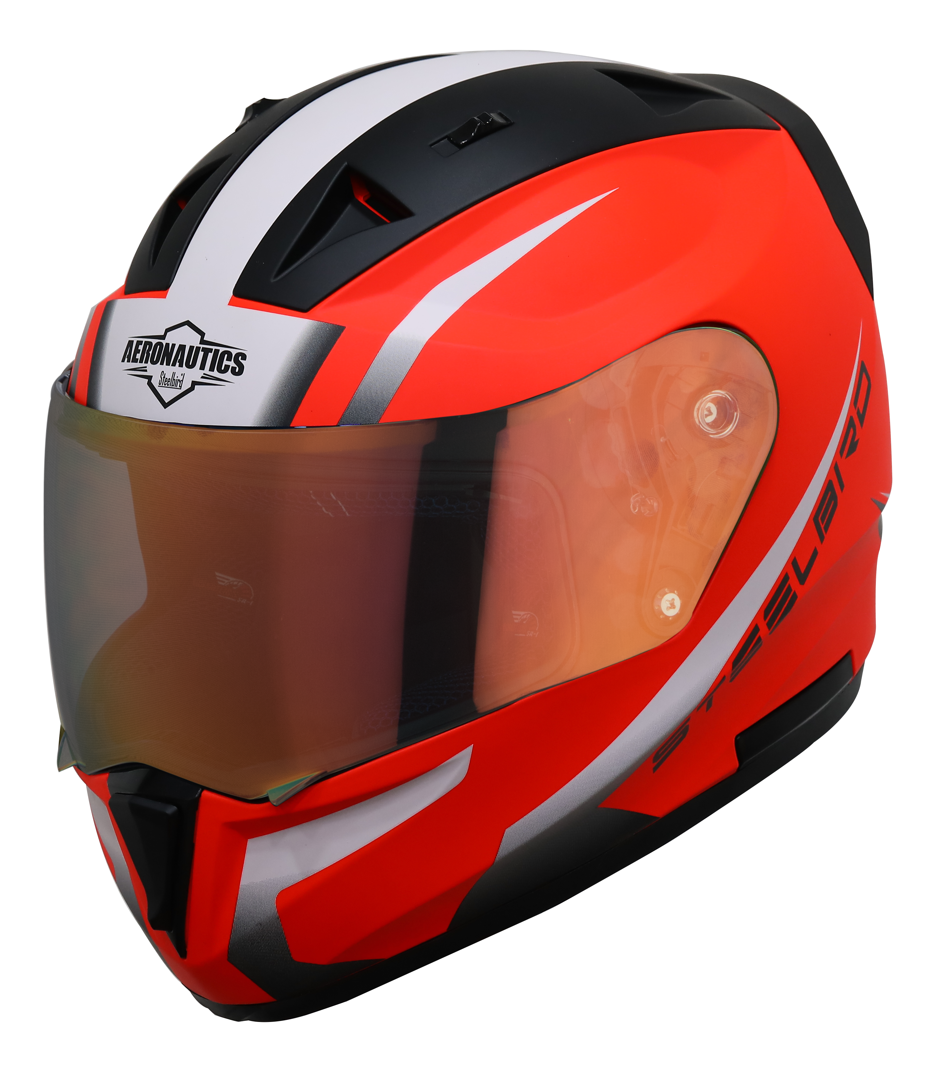 SA-1 WHIF GLOSSY FLUO RED WITH WHITE NIGHT VISION GOLD VISOR (WITH EXTRA FREE CLEAR VISOR)