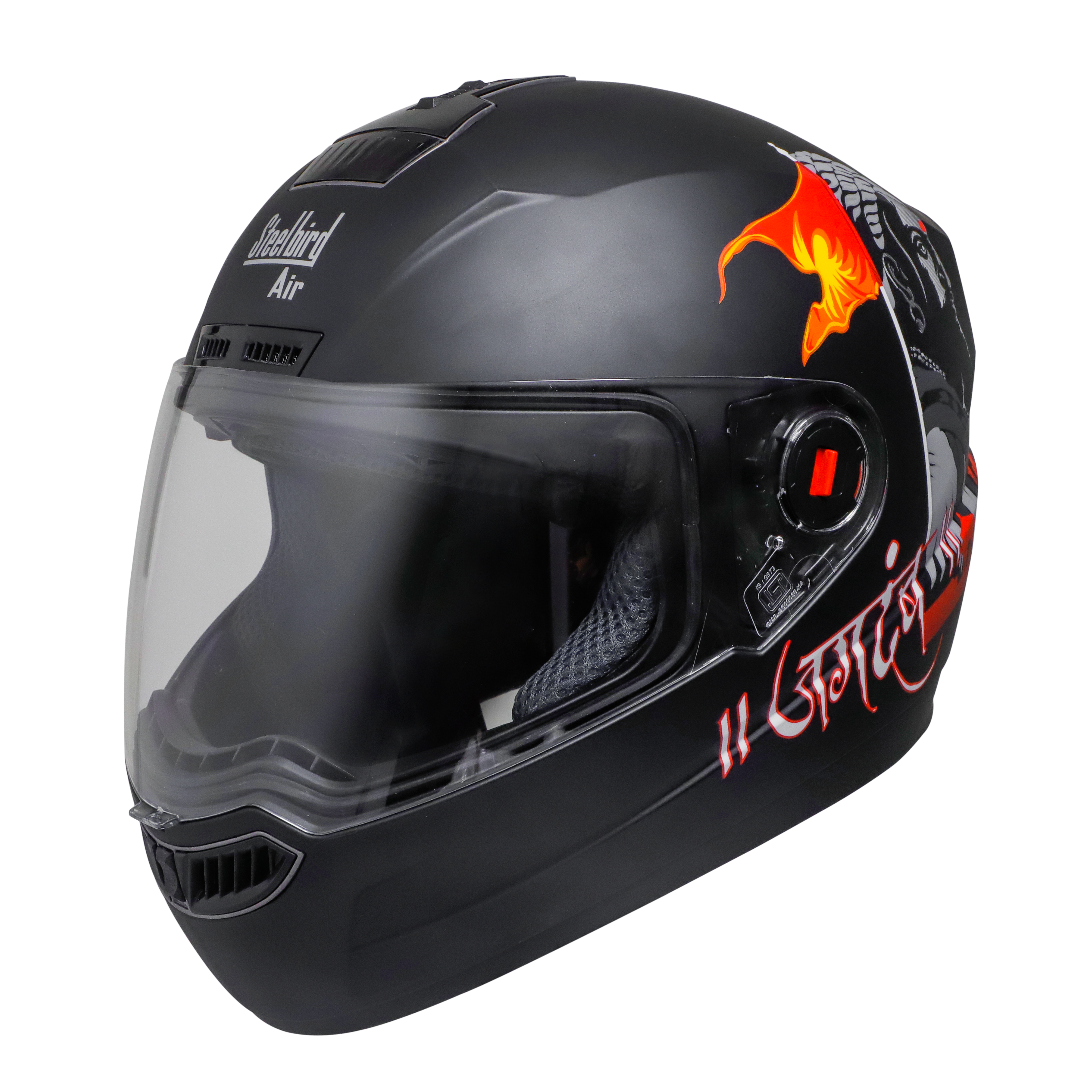 Steelbird SBA-1 Jagdamb Full Face Graphics Helmet, ISI Certified Helmet (Matt Black Grey with Clear Visor)