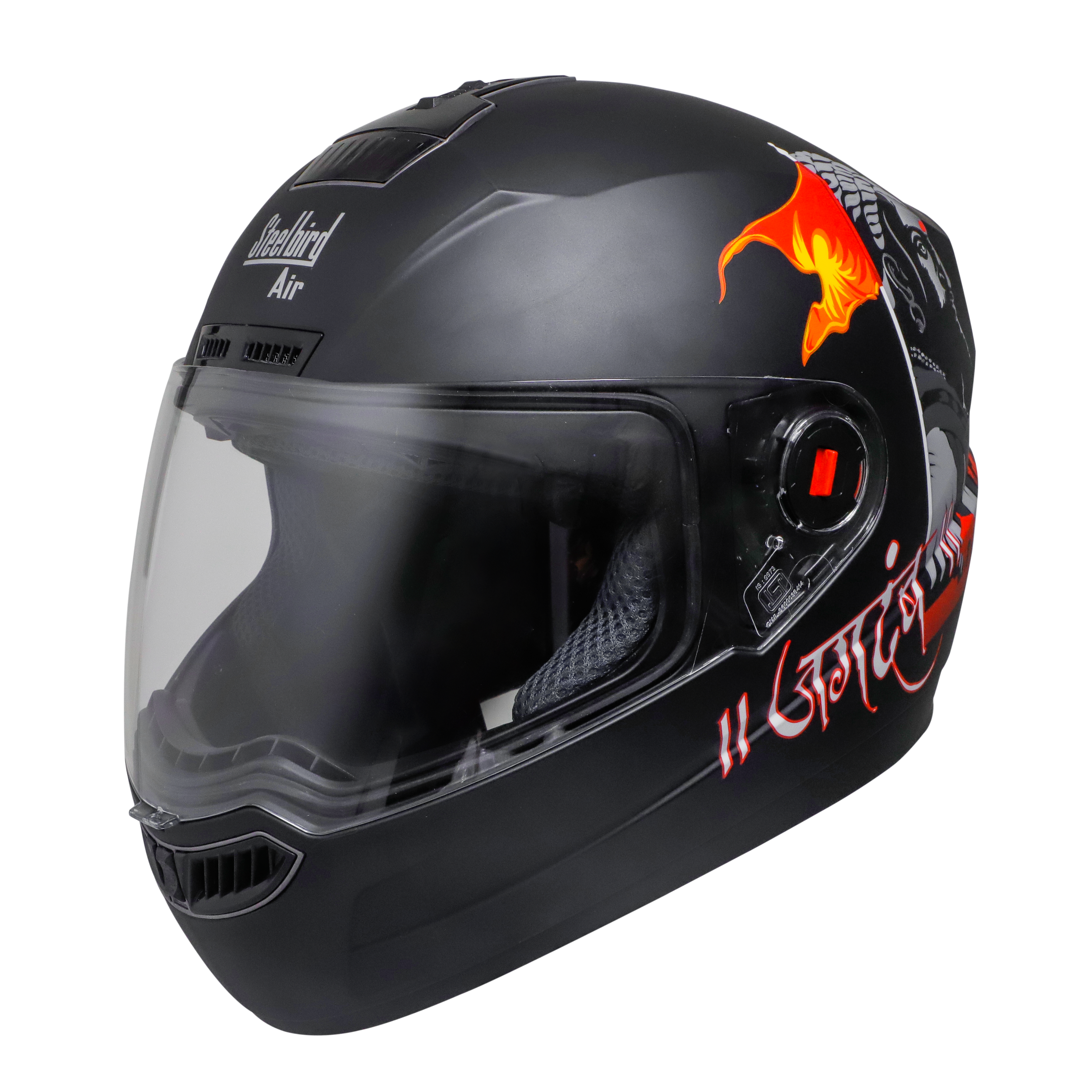 Steelbird SBA-1 Jagdamb Full Face Graphics Helmet, ISI Certified Helmet (Matt Black Grey With Clear Visor)