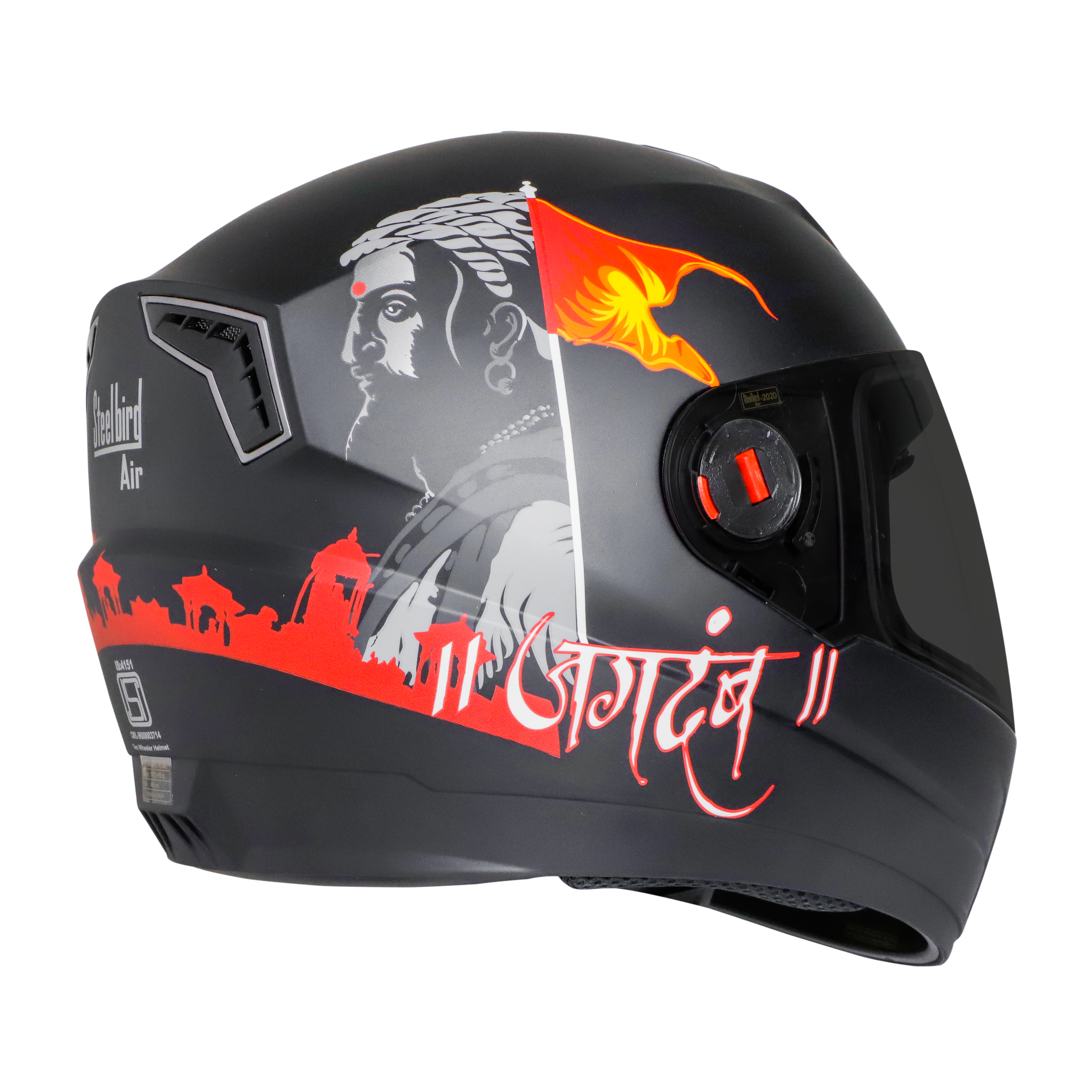 Steelbird SBA-1 Jagdamb Full Face Graphics Helmet, ISI Certified Helmet (Matt Black Grey With Smoke Visor)