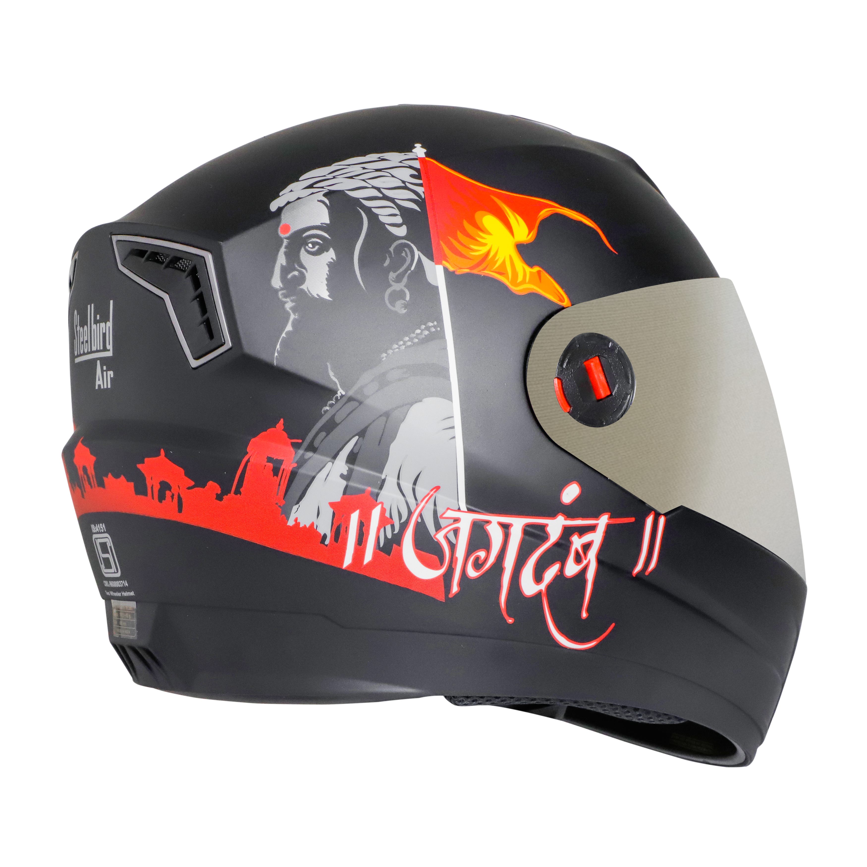 Steelbird SBA-1 Jagdamb Full Face Graphics Helmet, ISI Certified Helmet (Matt Black Grey With Chrome Silver Visor)