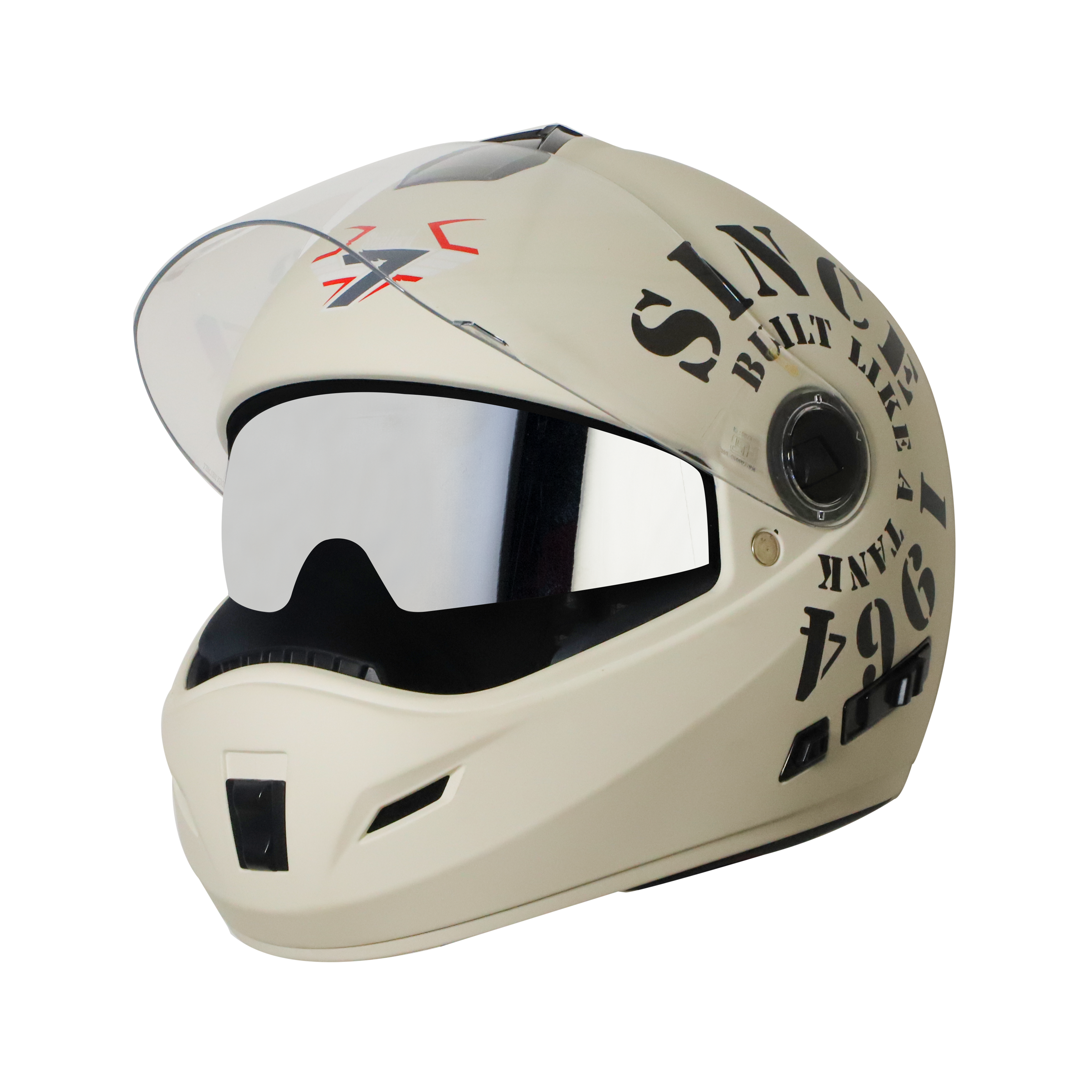 Steelbird Cyborg Tank Full Face Helmet With Chrome Silver Sun Shield, ISI Certified Helmet (Matt Off White Black)