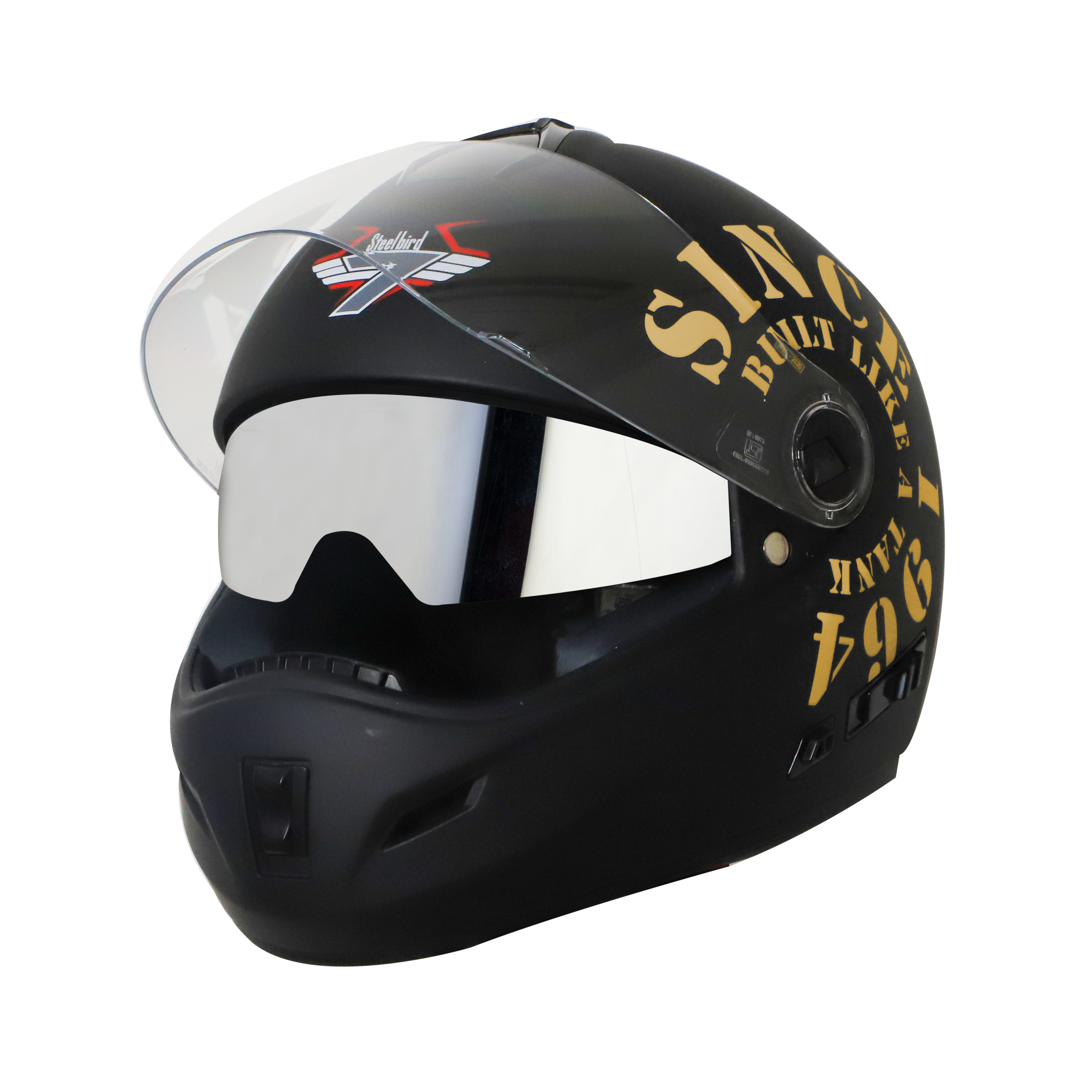 Steelbird Cyborg Tank Full Face Helmet With Chrome Silver Sun Shield, ISI Certified Helmet (Matt Black Gold)