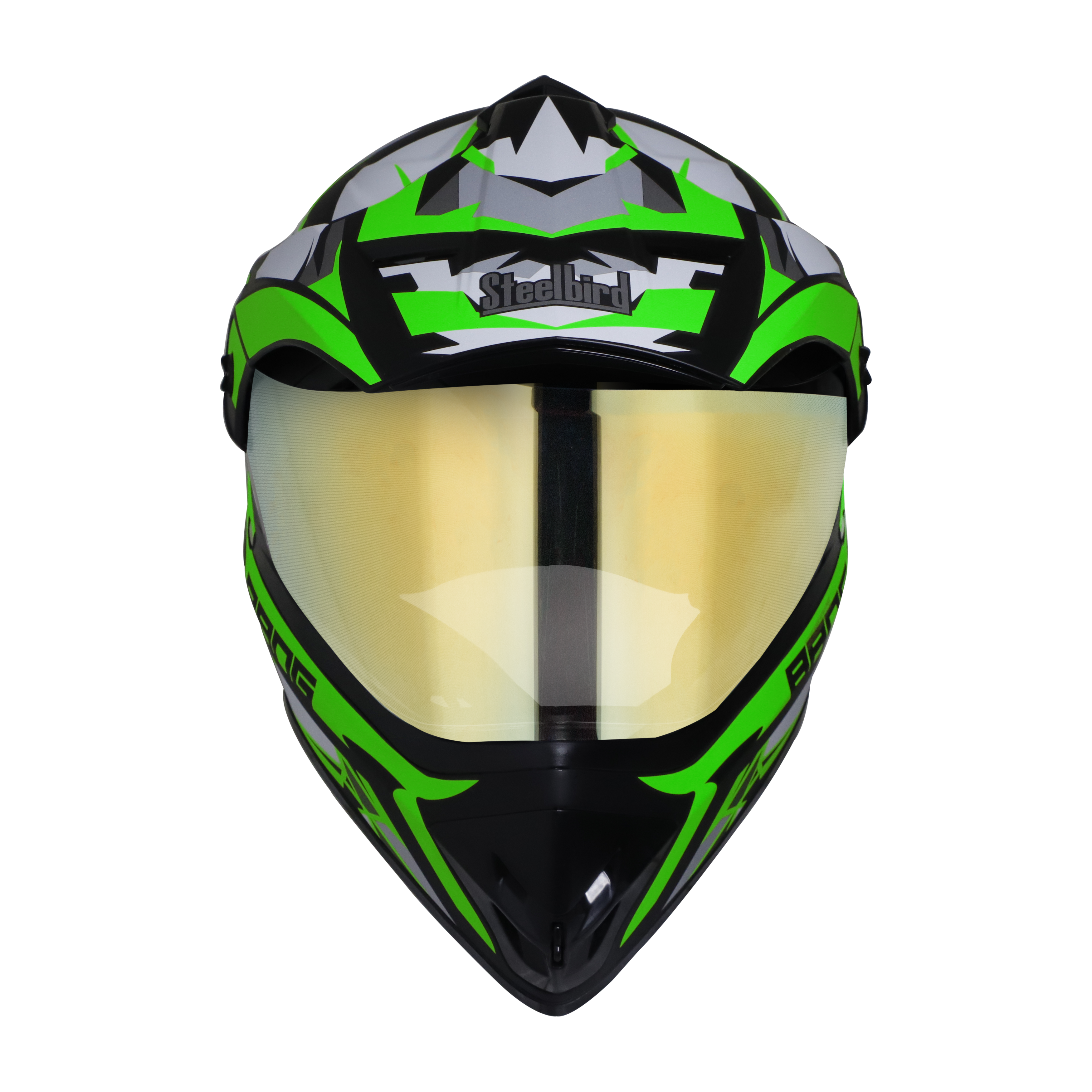 Steelbird Off Road Bang KTN ISI Certified ABS Material Shell Motocross Helmet (Matt Black Green With Chrome Gold Visor)