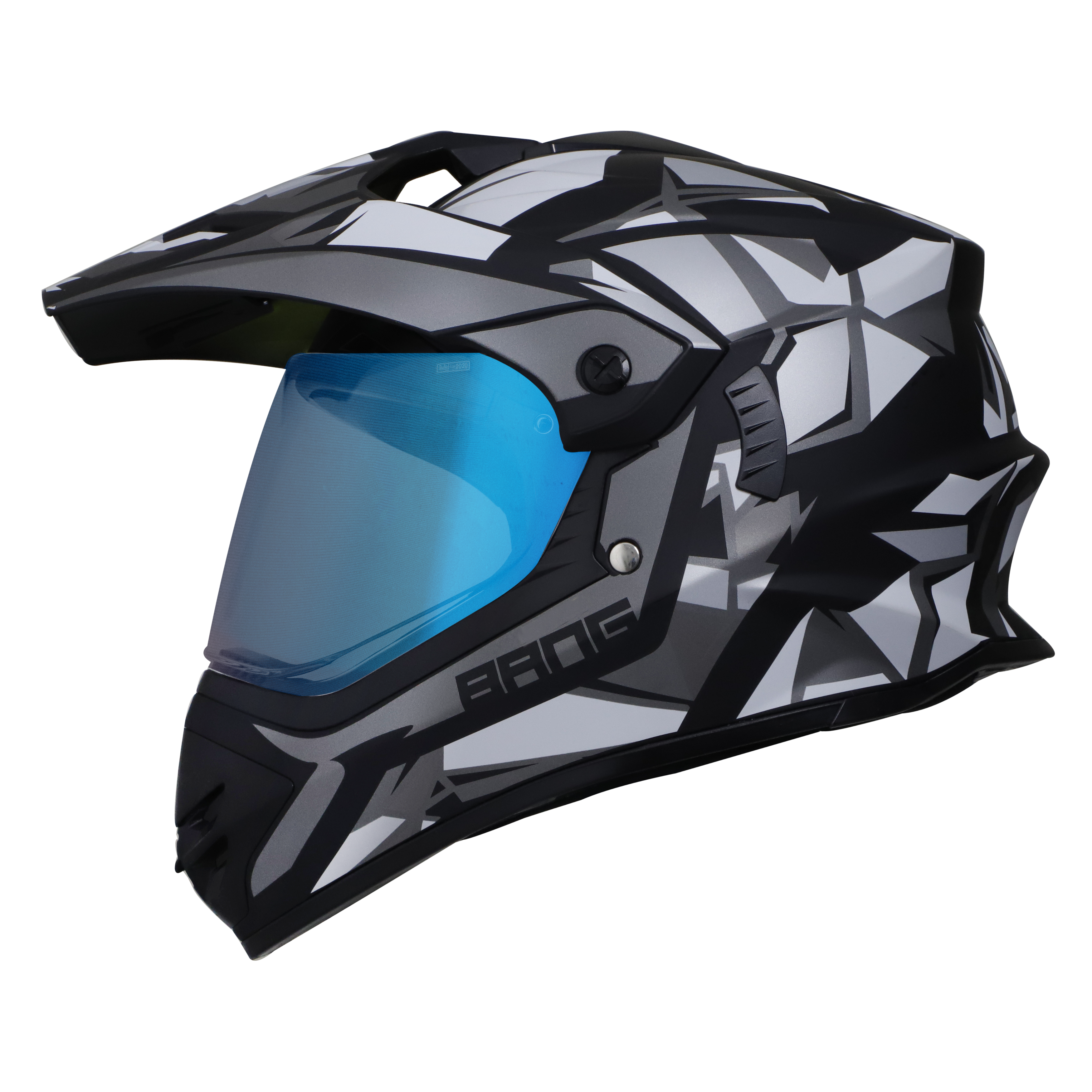 Steelbird Off Road Bang KTN ISI Certified ABS Material Shell Motocross Helmet (Matt Black Grey With Chrome Blue Visor)