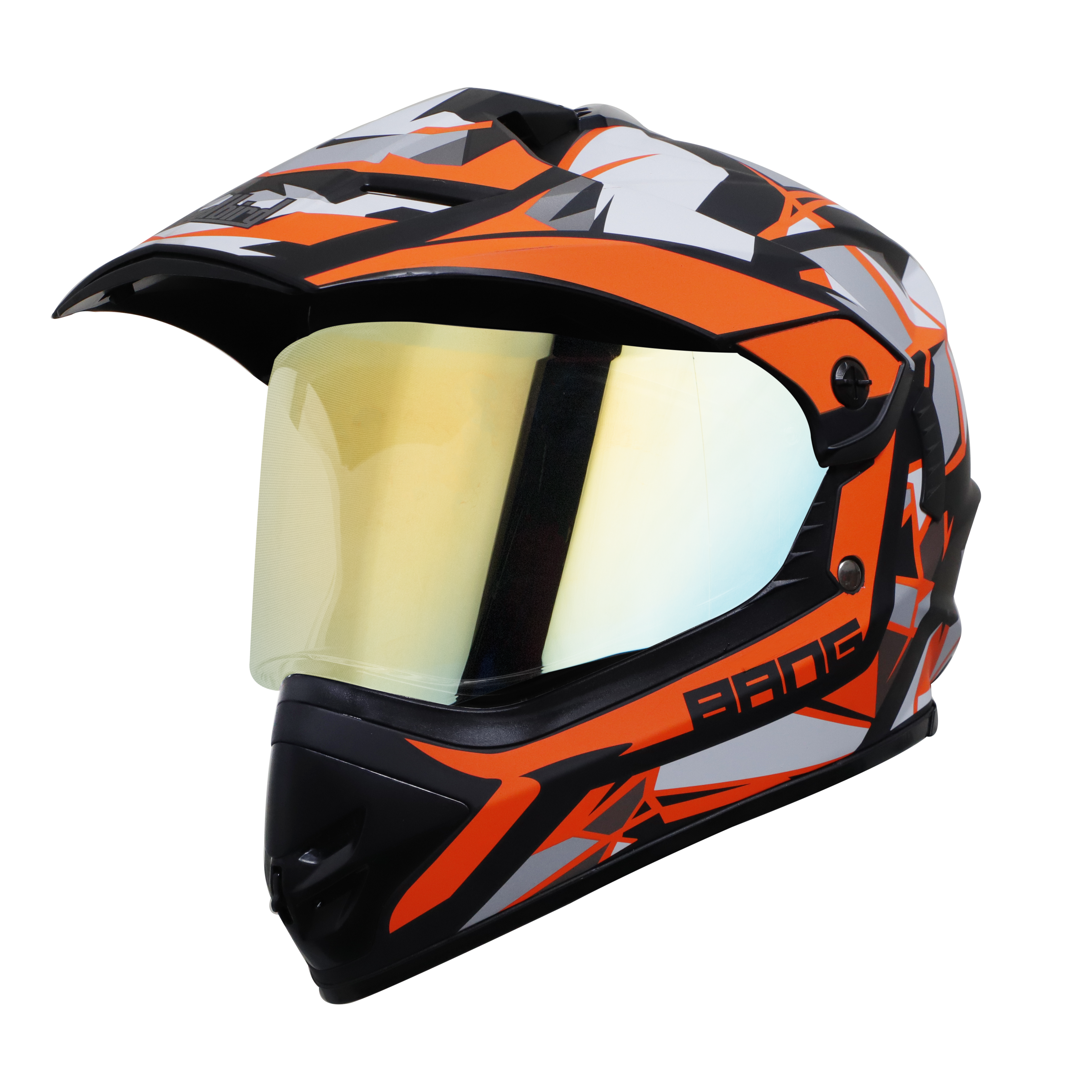 Steelbird Off Road Bang KTN ISI Certified ABS Material Shell Motocross Helmet (Matt Black Orange With Chrome Gold Visor)