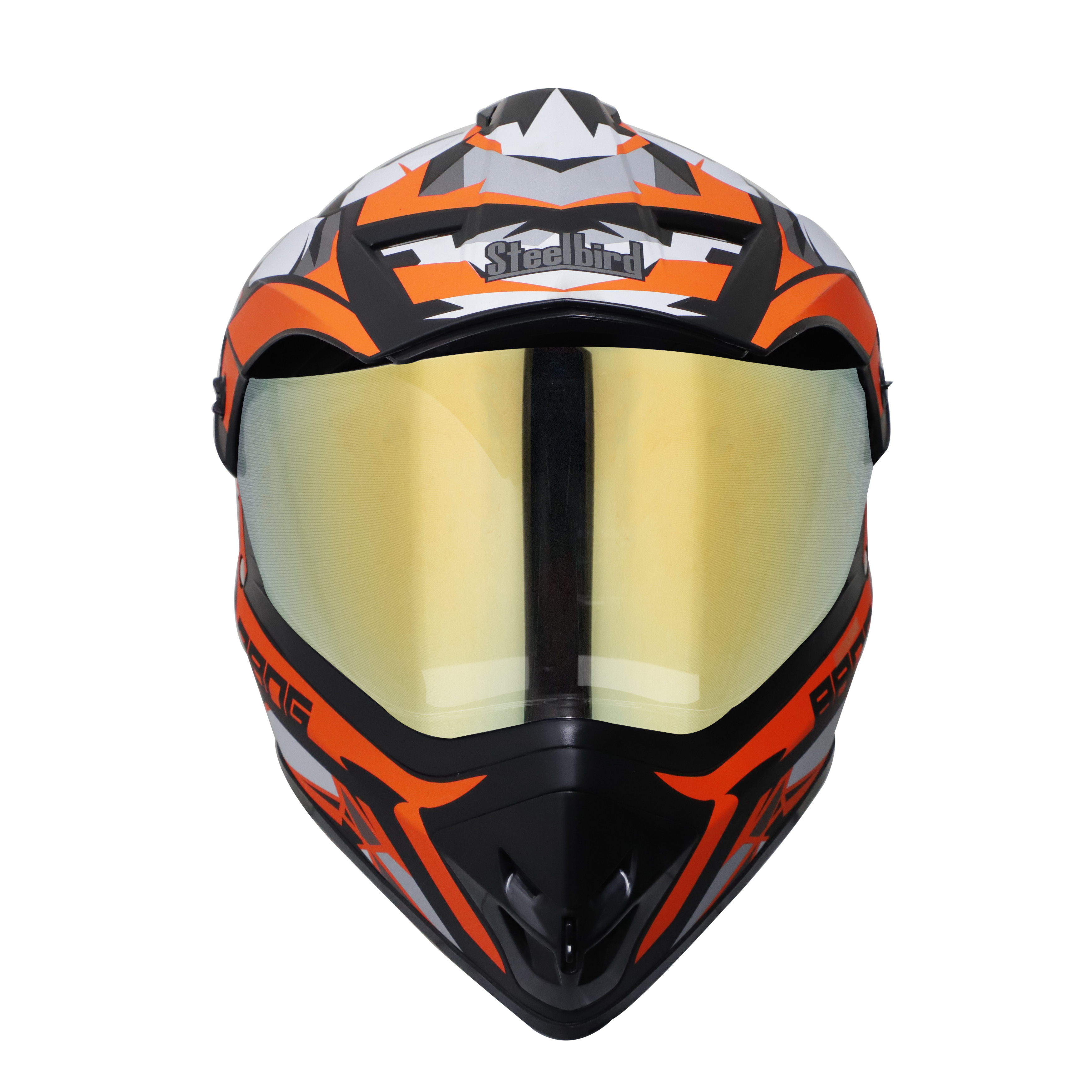 Steelbird Off Road Bang KTN ISI Certified ABS Material Shell Motocross Helmet (Matt Black Orange With Chrome Gold Visor)