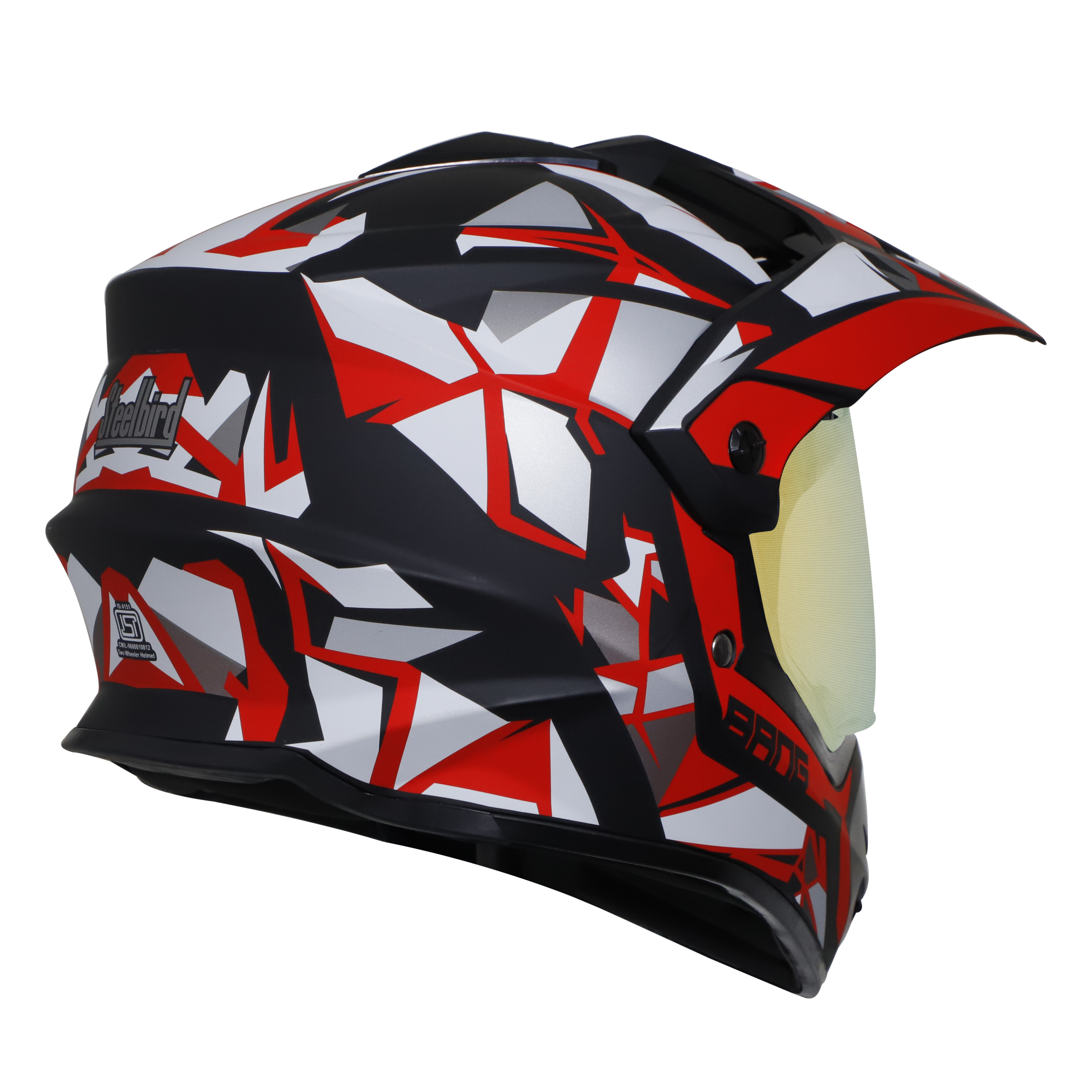 Steelbird Off Road Bang KTN ISI Certified ABS Material Shell Motocross Helmet (Matt Black Red With Chrome Gold Visor)