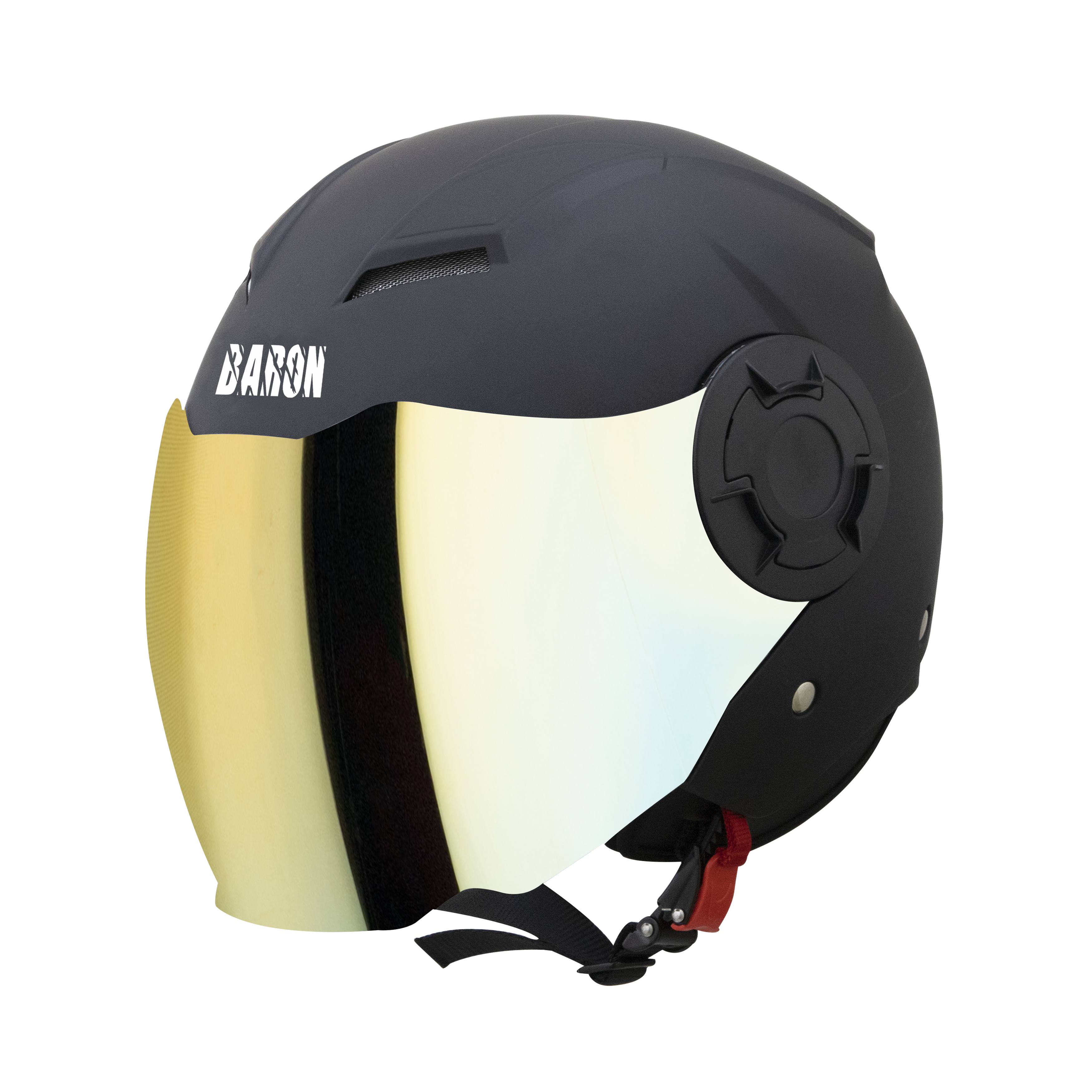 Steelbird Baron Open Face Helmet , ISI Certified Helmet (Glossy Black with Chrome Gold Visor)