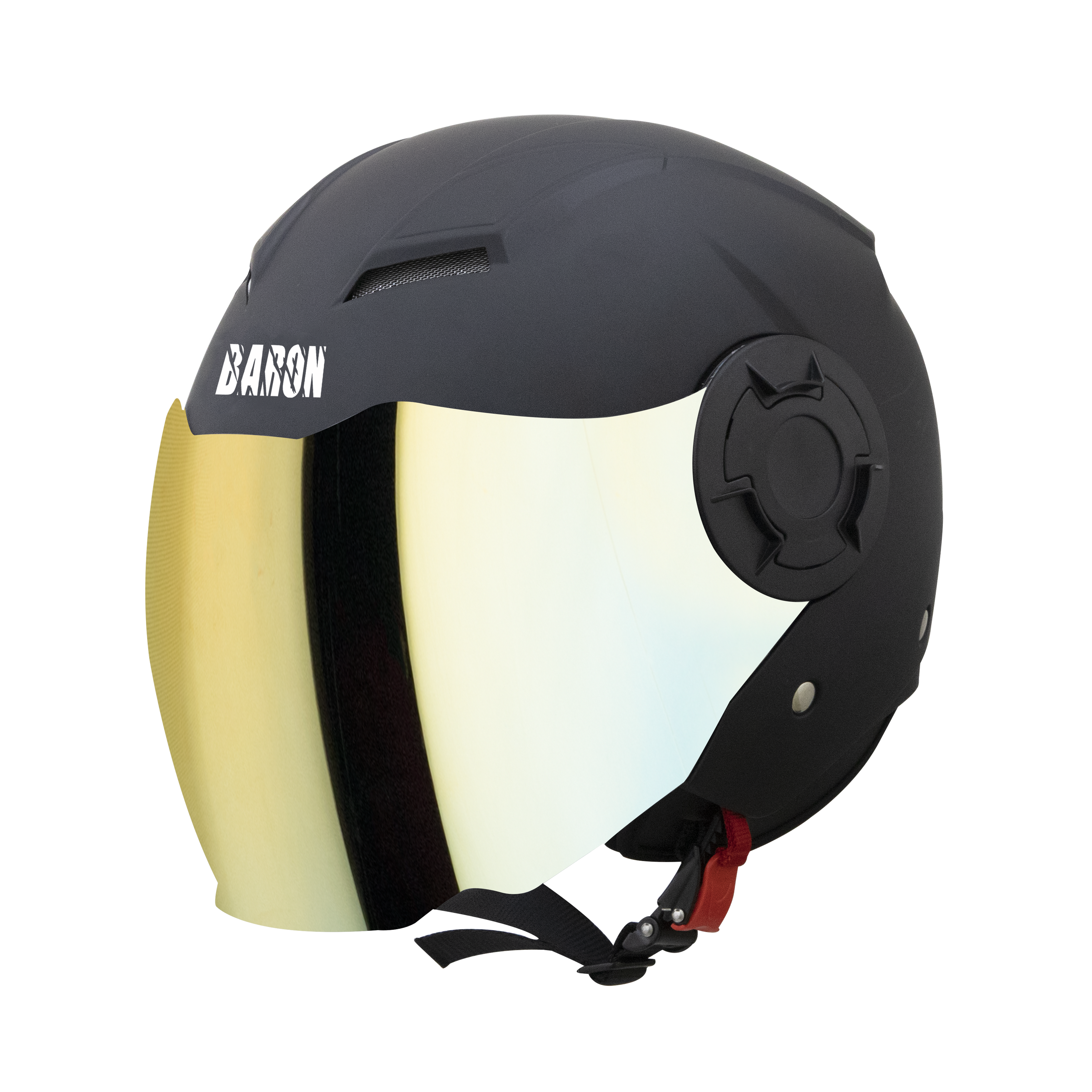 Steelbird Baron Open Face Helmet , ISI Certified Helmet (Glossy Black With Chrome Gold Visor)