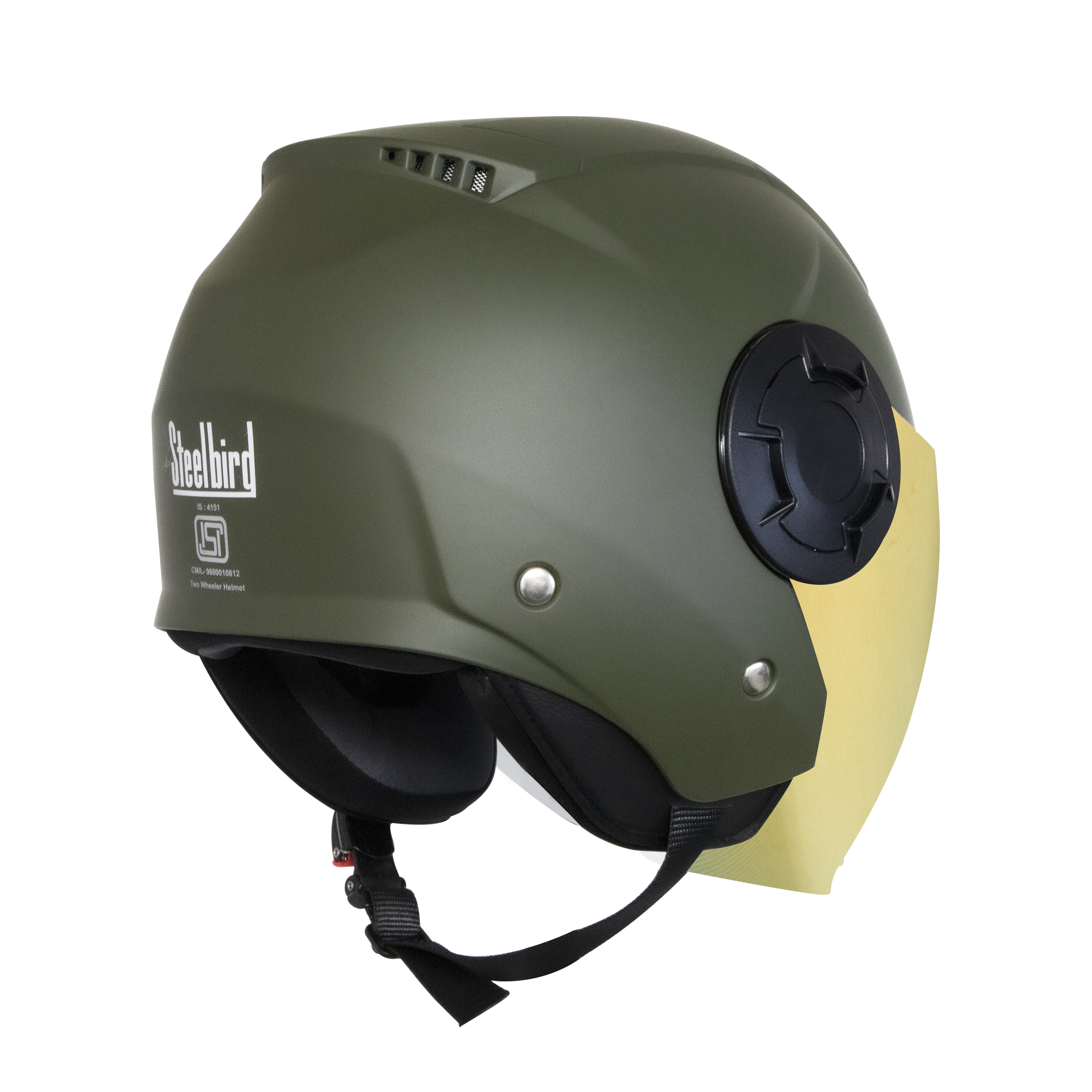 Steelbird Baron Open Face Helmet , ISI Certified Helmet (Matt Battle Green With Chrome Gold Visor)