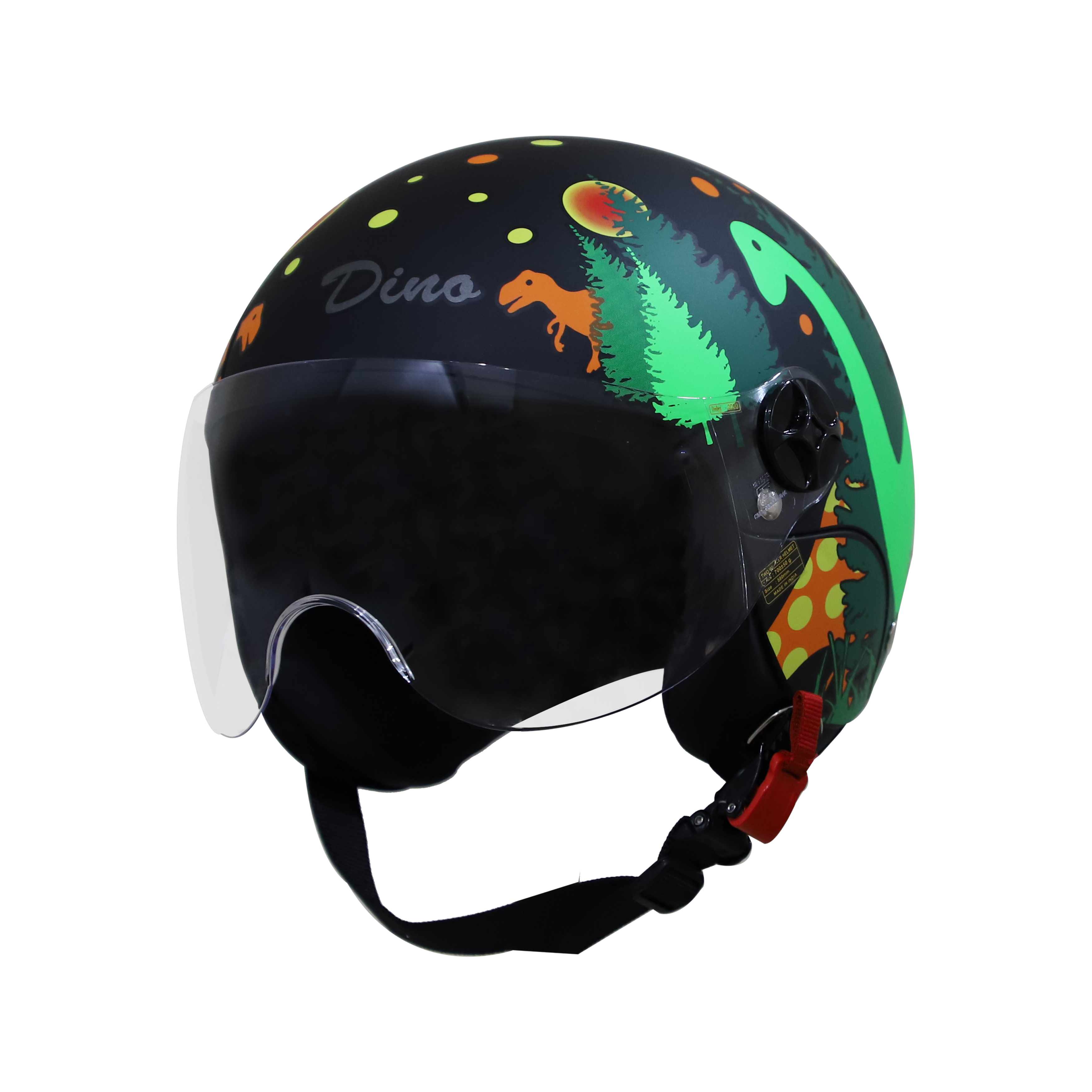 Steelbird Dino Open Face ISI Certified Helmet for Kids (Matt Black Orange with Clear Visor)