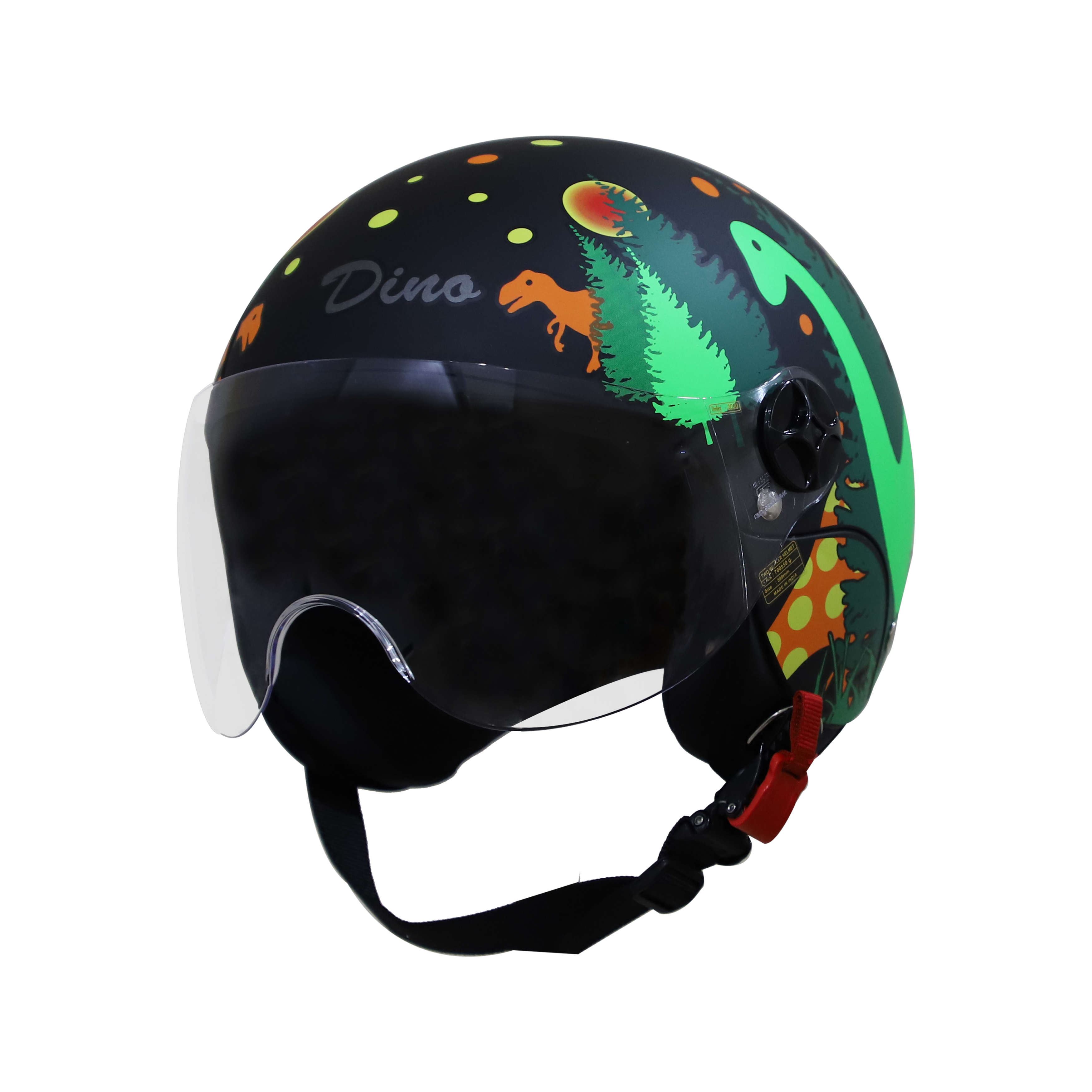 Steelbird Dino Open Face ISI Certified Helmet For Kids (Matt Black Orange With Clear Visor)