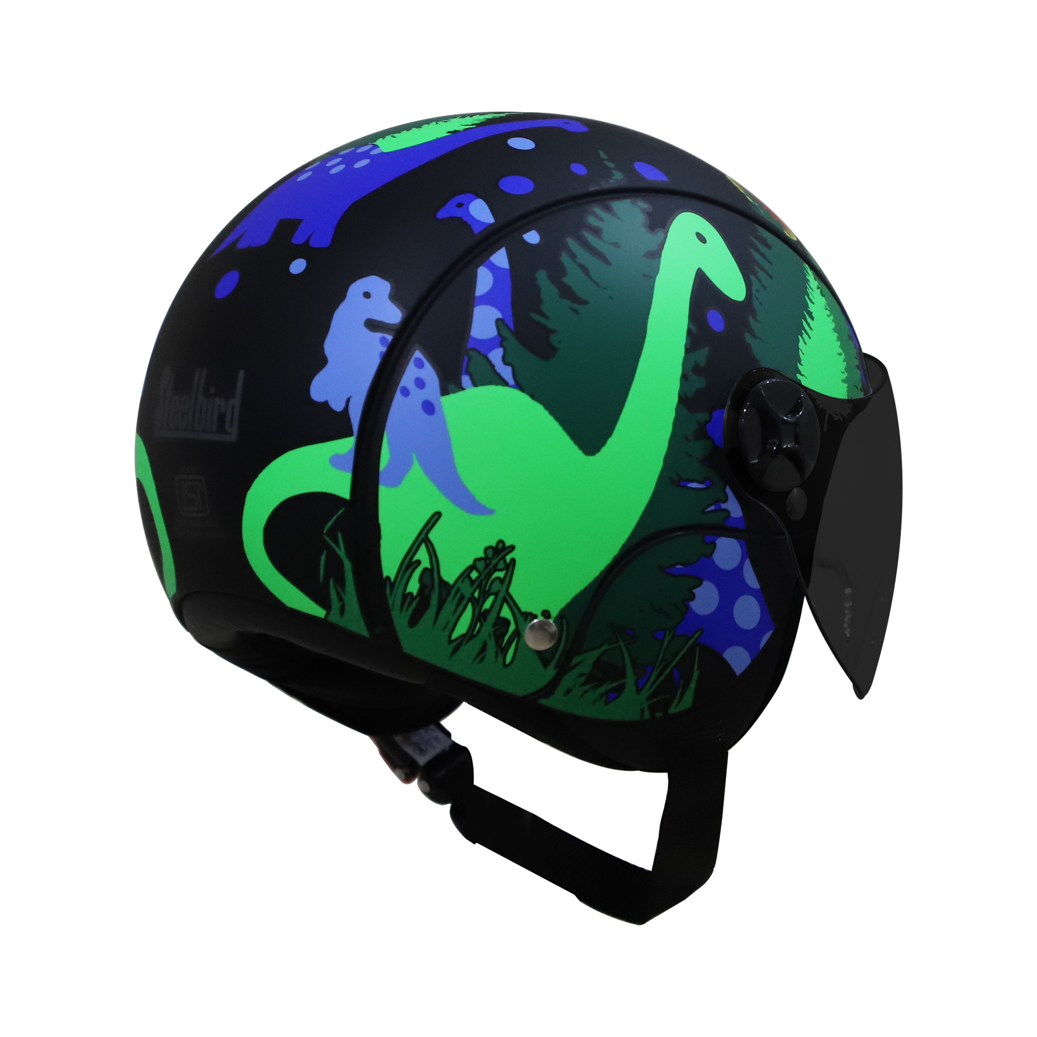 Steelbird Dino Open Face ISI Certified Helmet For Kids (Matt Black Blue With Smoke Visor)