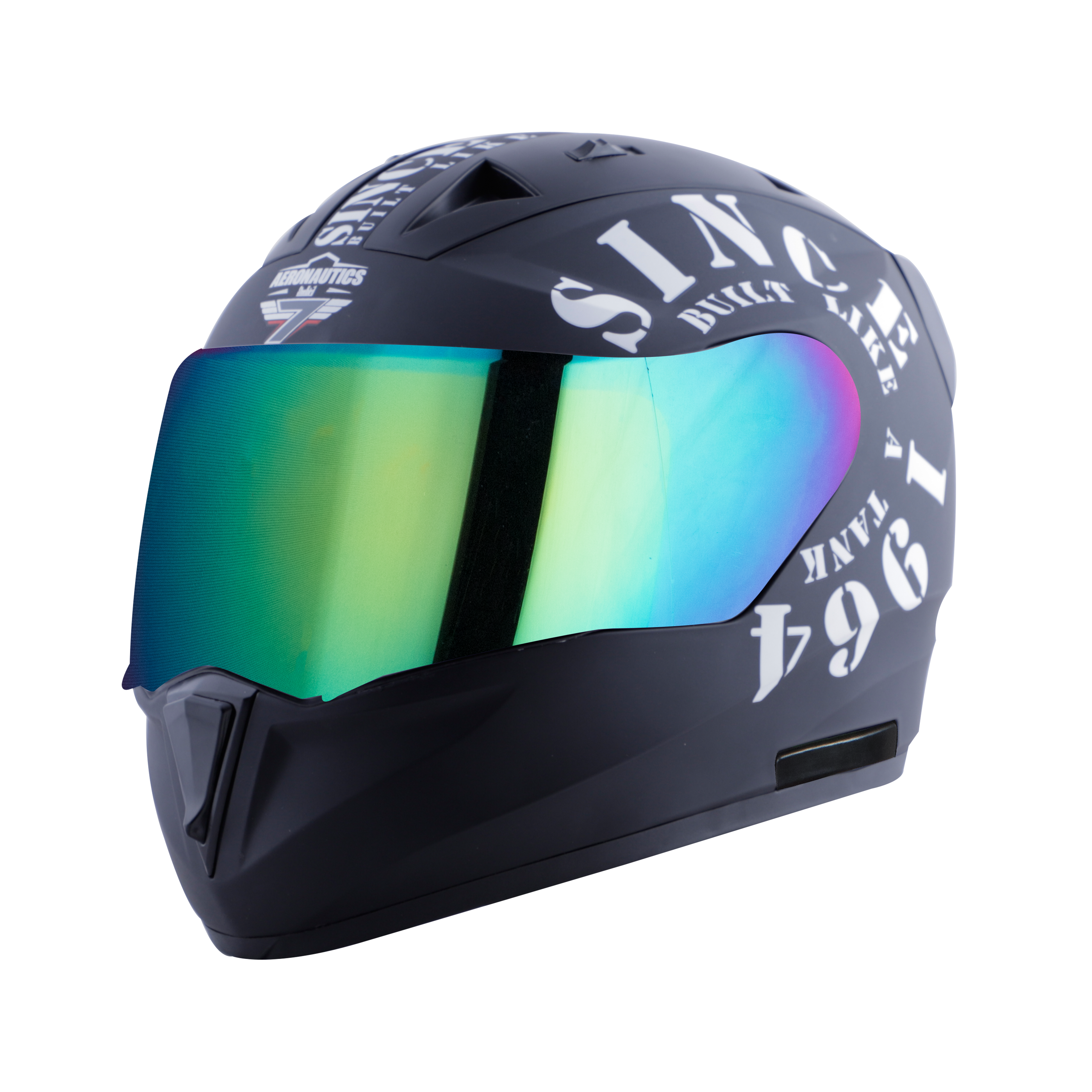 Steelbird SA-1 Aeronautics Tank Full Face ISI Certified Helmet (Matt Black White With Chrome Rainbow Visor)