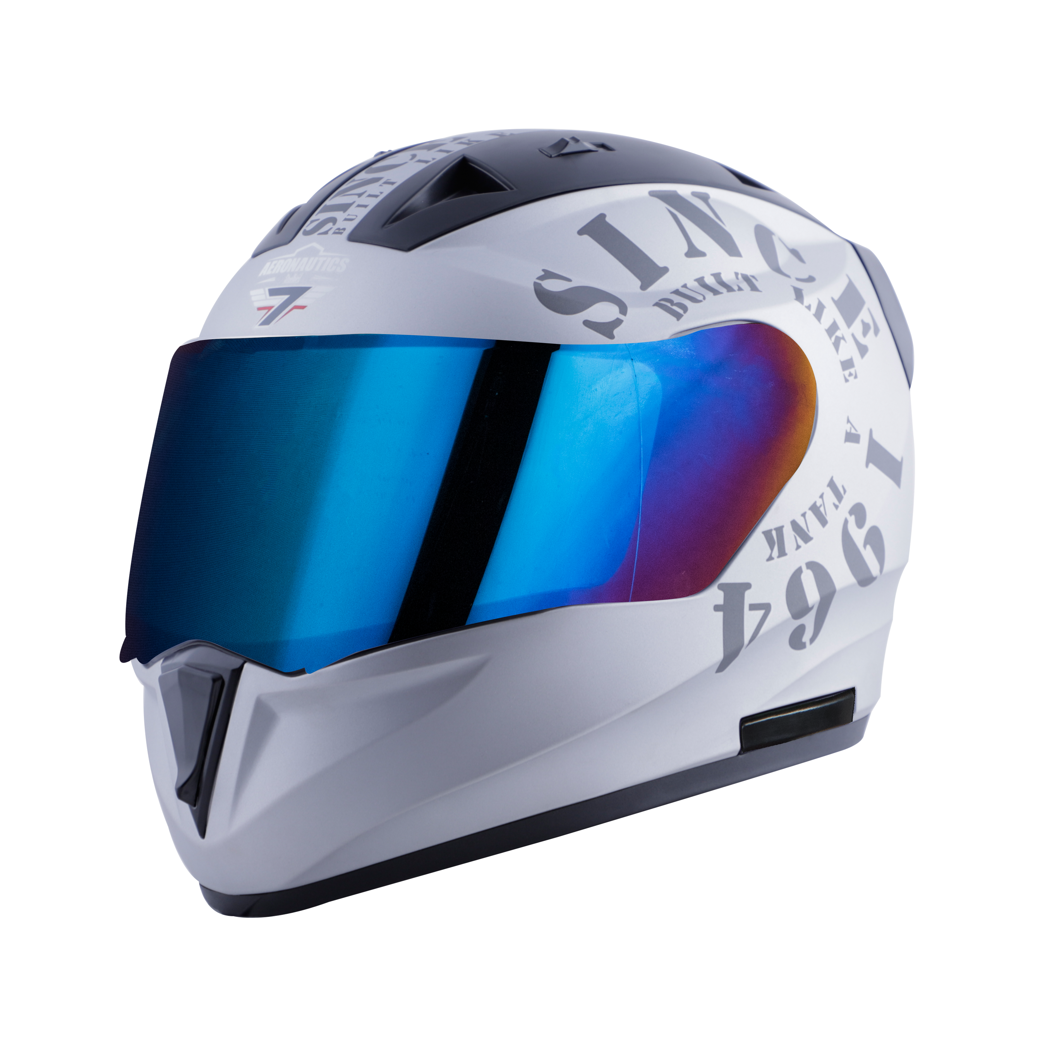 Steelbird SA-1 Aeronautics Tank Full Face ISI Certified Helmet (Matt Silver Grey With Chrome Blue Visor)