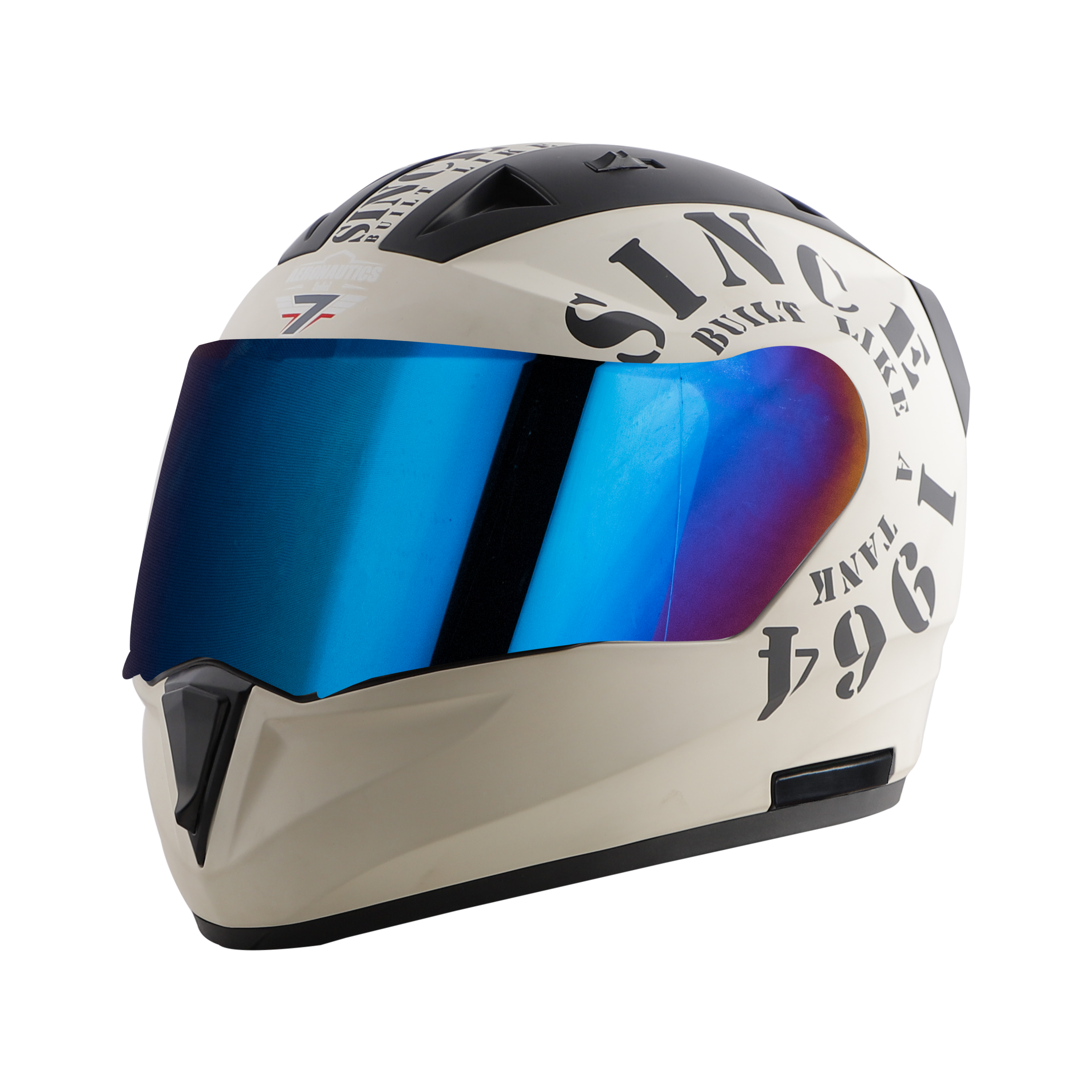 Steelbird SA-1 Aeronautics Tank Full Face ISI Certified Helmet (Matt Off White Black With Chrome Blue Visor)