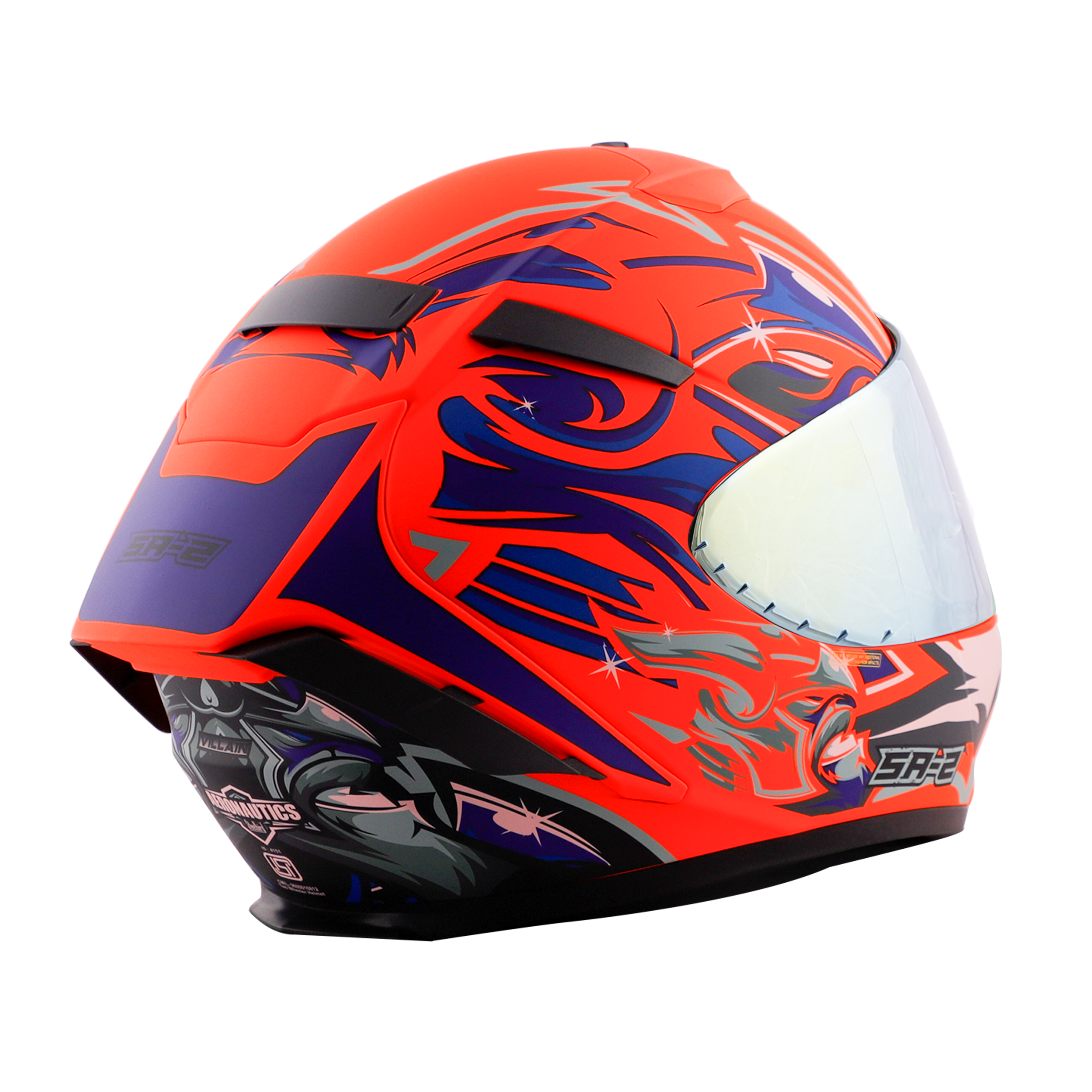 SA-2 VILLAIN GLOSSY FLUO ORANGE WITH BLUE (FITTED WITH CLEAR VISOR EXTRA GOLD CHROME VISOR FREE)