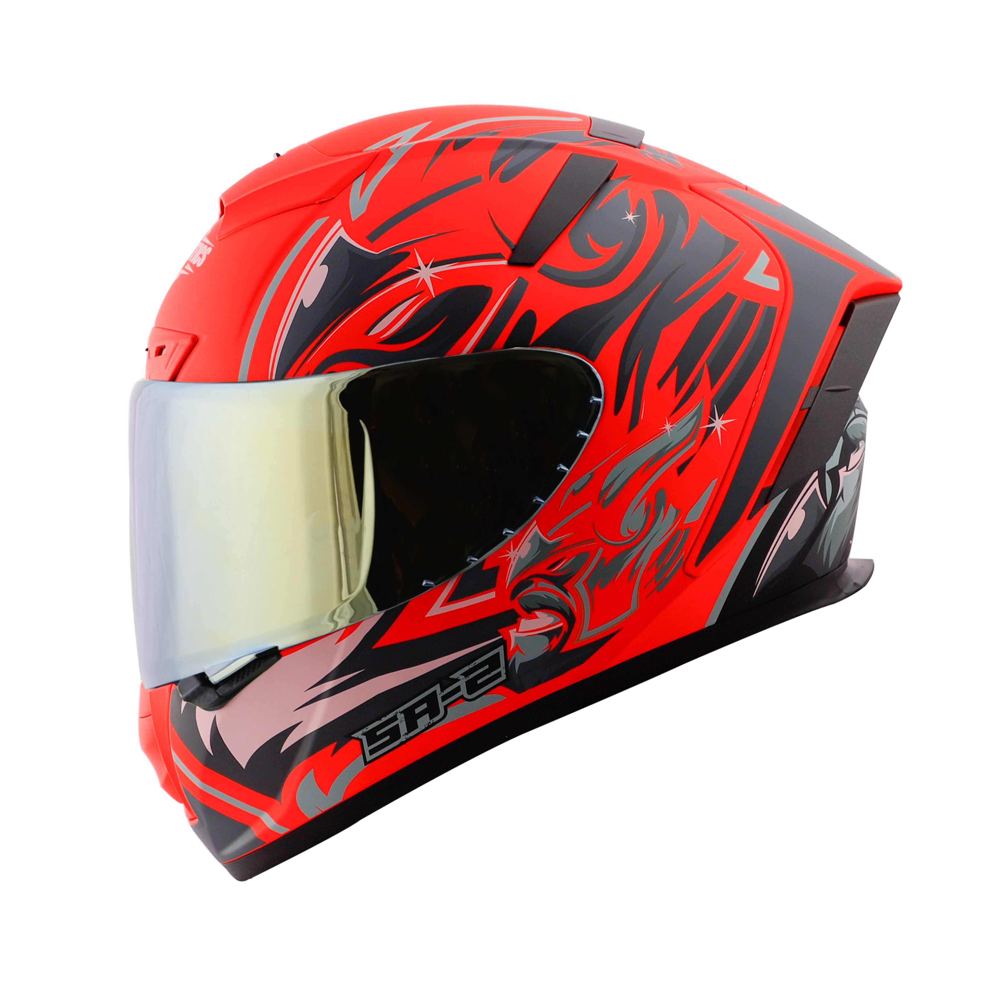 SA-2 VILLAIN GLOSSY FLUO RED WITH GREY (FITTED WITH CLEAR VISOR EXTRA GOLD CHROME VISOR FREE)