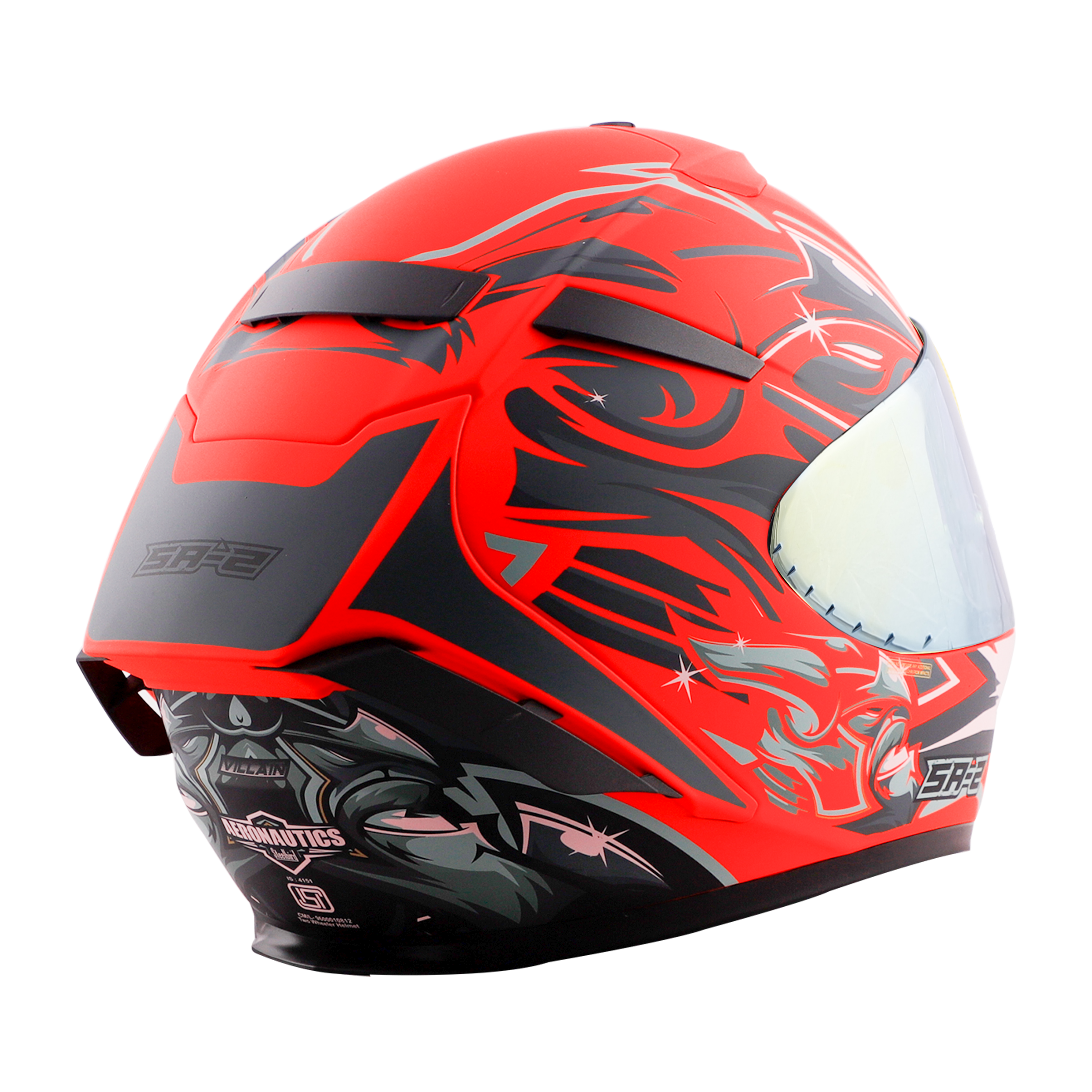 SA-2 VILLAIN GLOSSY FLUO RED WITH GREY (FITTED WITH CLEAR VISOR EXTRA GOLD CHROME VISOR FREE)
