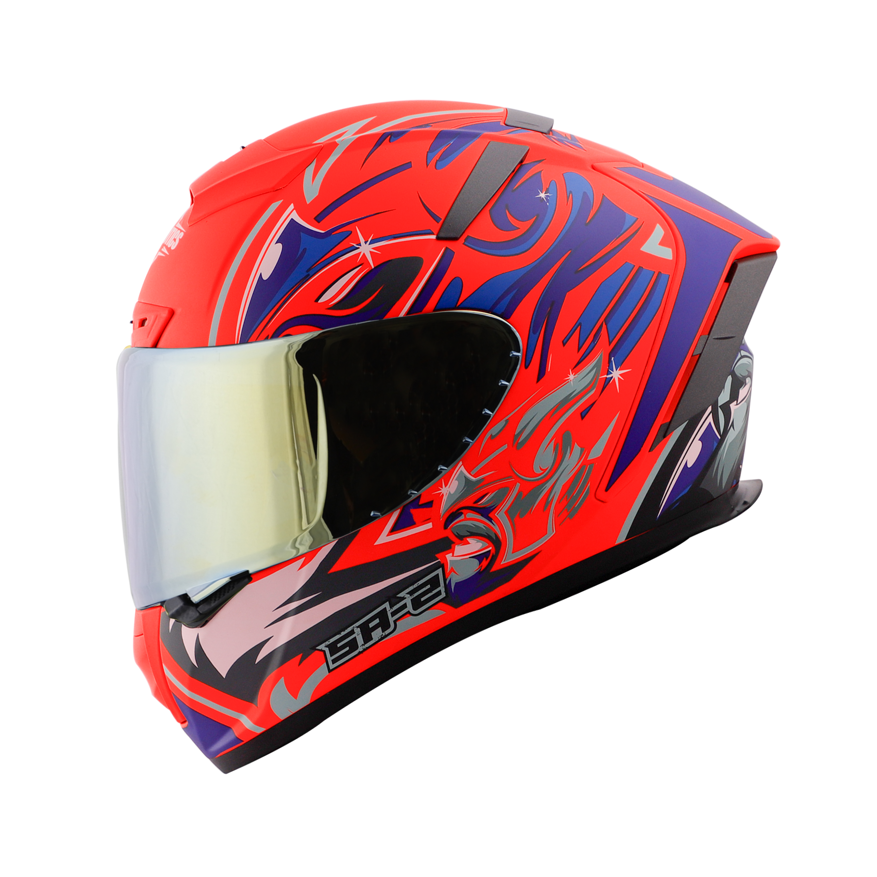 SA-2 VILLAIN GLOSSY FLUO RED WITH BLUE (FITTED WITH CLEAR VISOR EXTRA GOLD CHROME VISOR FREE)