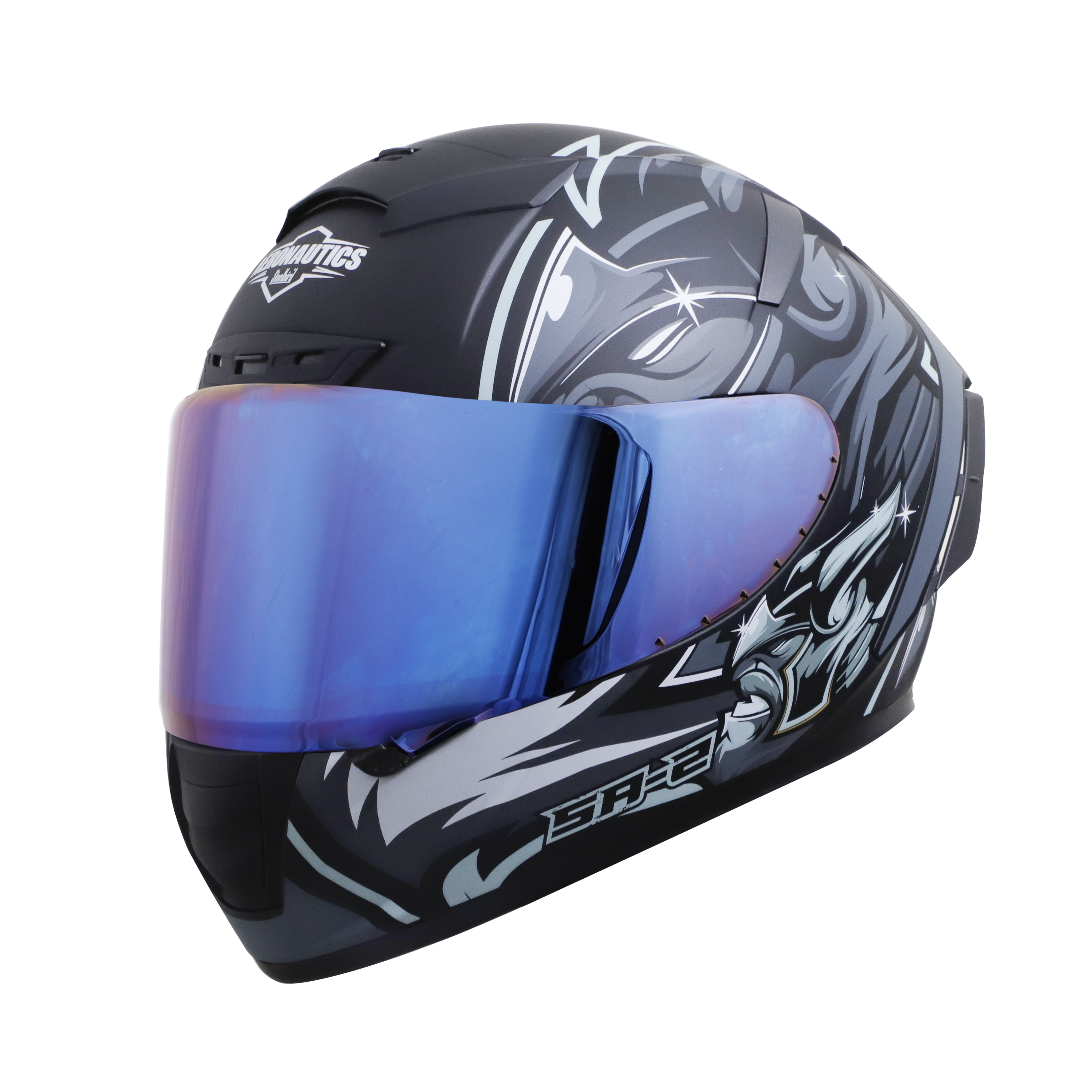 SA-2 VILLAIN GLOSSY BLACK WITH GREY (FITTED WITH CLEAR VISOR EXTRA CHROME BLUE VISOR FREE)