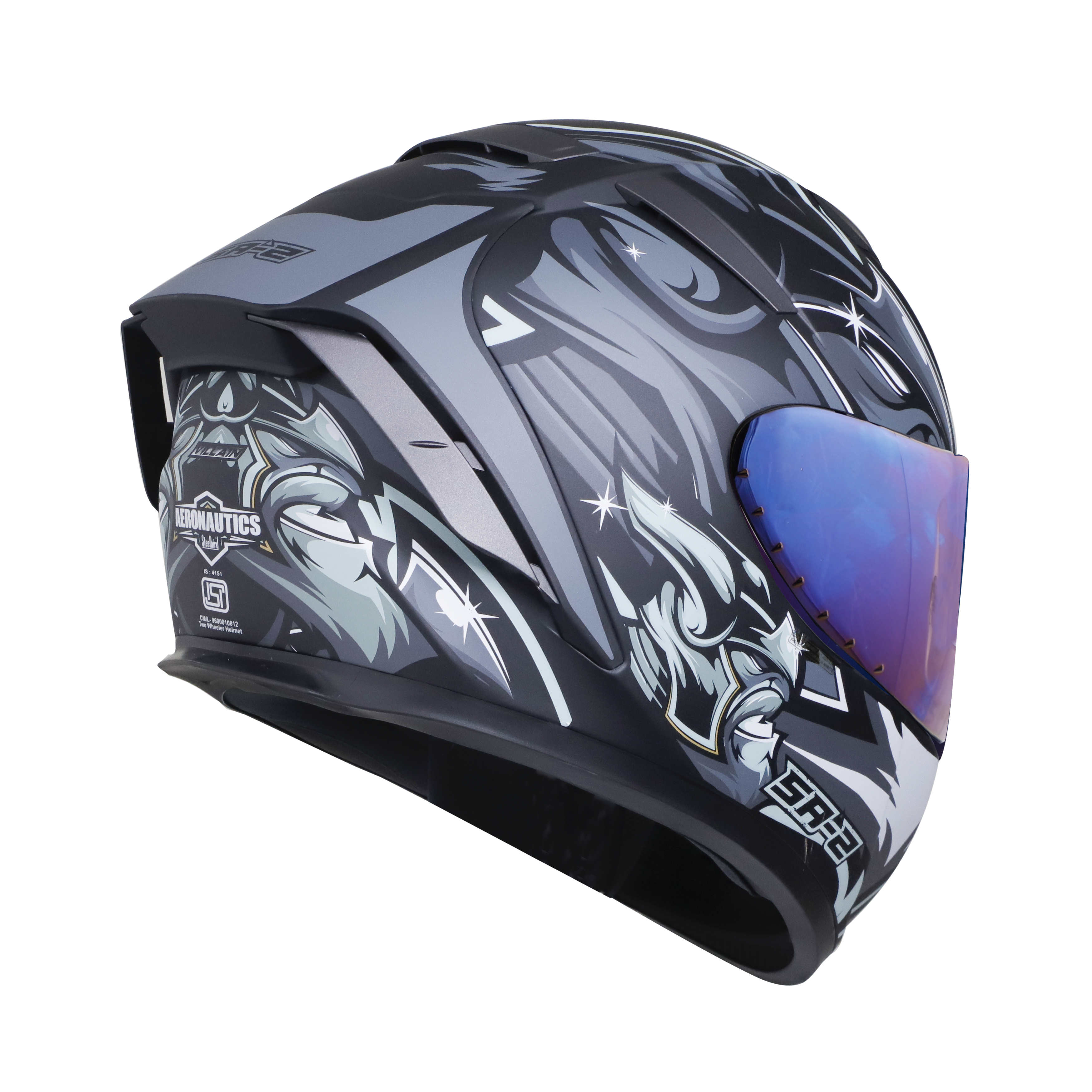 SA-2 VILLAIN GLOSSY BLACK WITH GREY (FITTED WITH CLEAR VISOR EXTRA CHROME BLUE VISOR FREE)