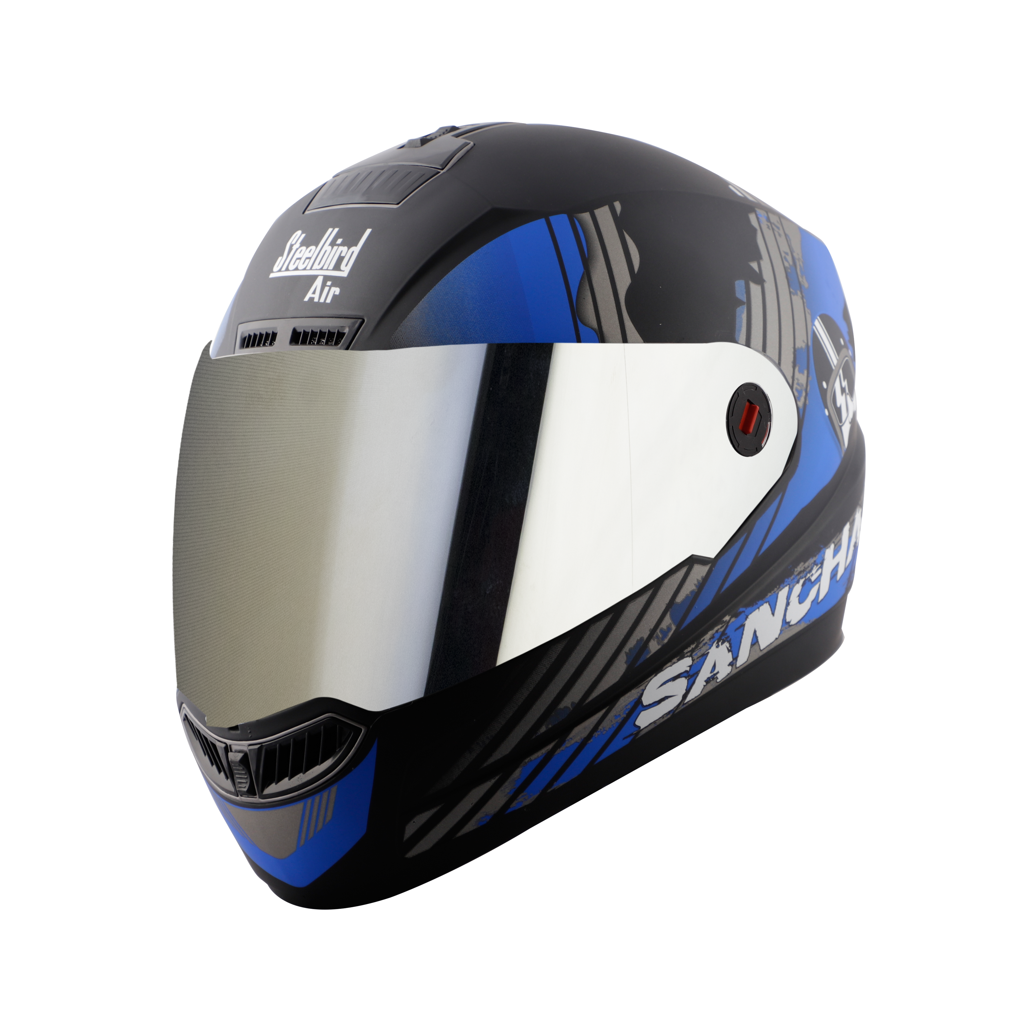 Steelbird SBA-1 Sanchari Full Face ISI Certified Graphic Helmet (Matt Black Blue With Chrome Silver Visor)