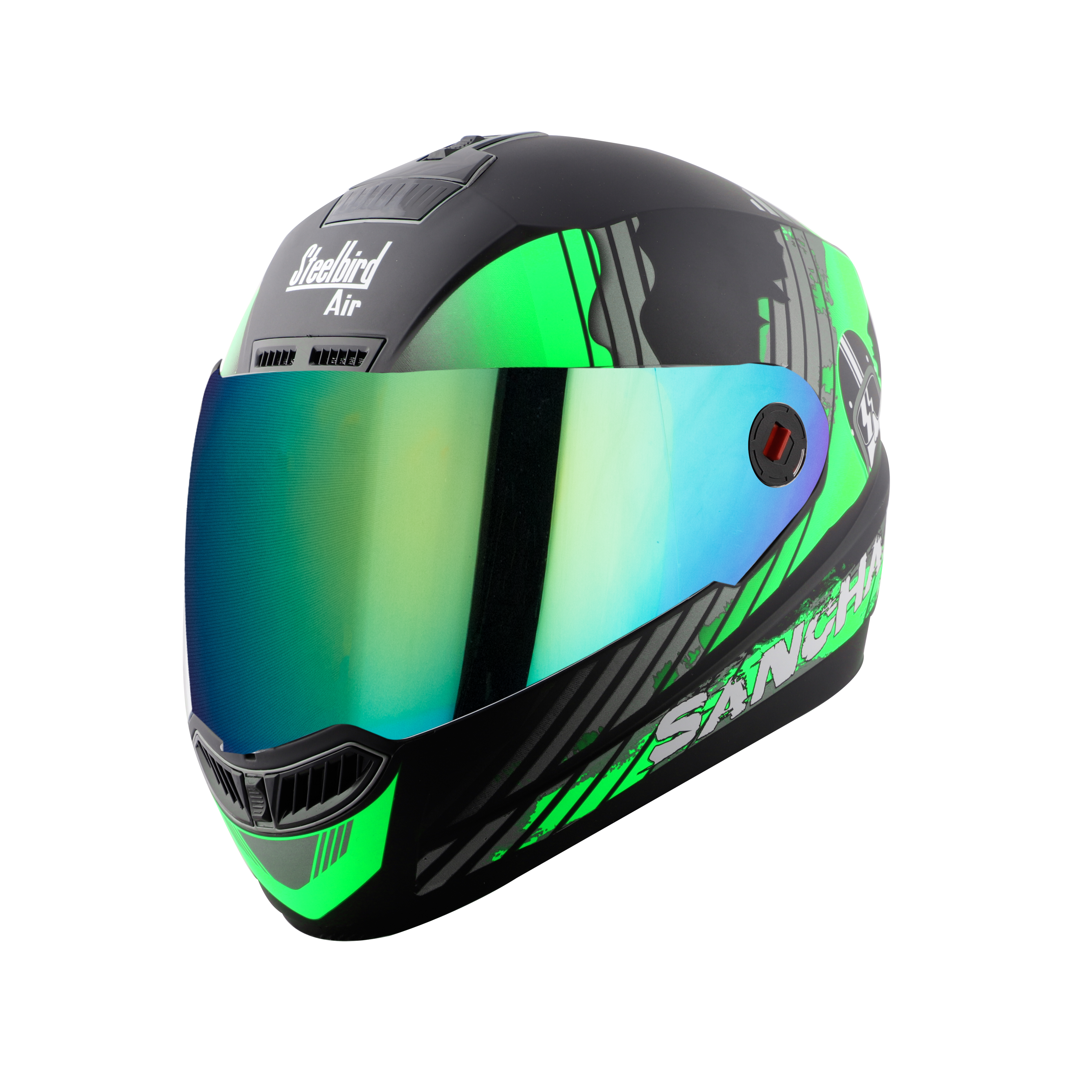 Steelbird SBA-1 Sanchari Full Face ISI Certified Graphic Helmet (Matt Black Green With Chrome Rainbow Visor)