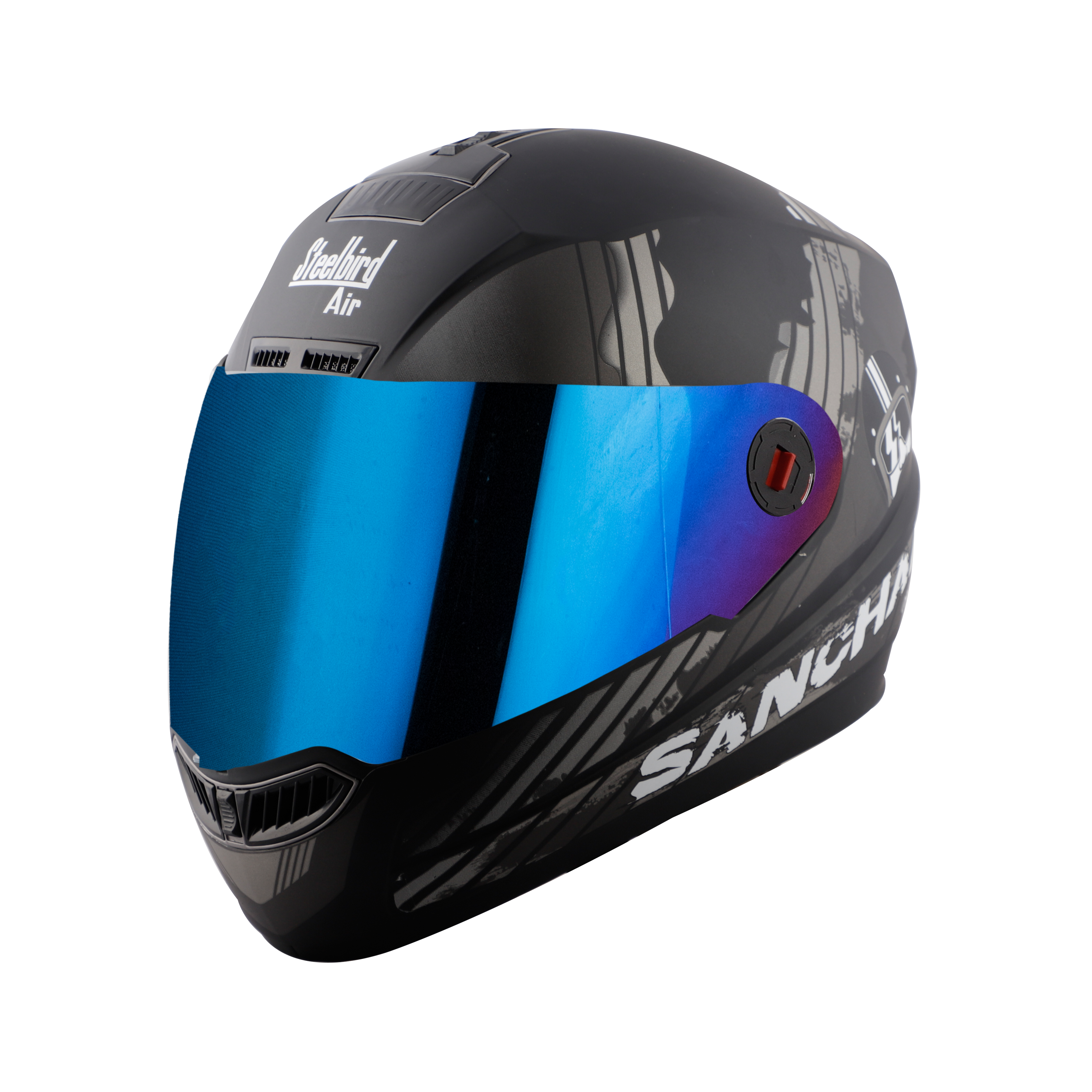 Steelbird SBA-1 Sanchari Full Face ISI Certified Graphic Helmet (Matt Black Grey With Chrome Blue Visor)
