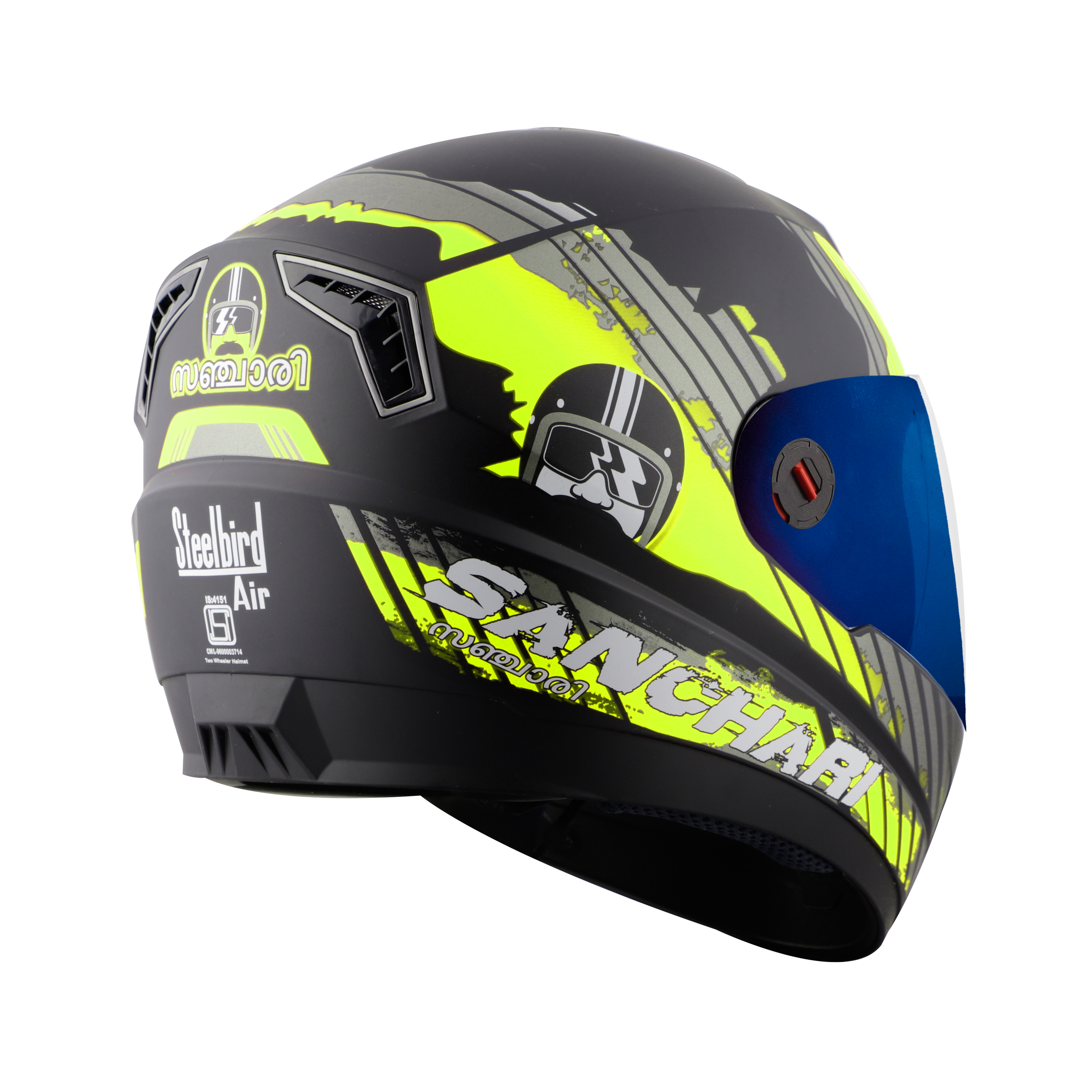 Steelbird SBA-1 Sanchari Full Face ISI Certified Graphic Helmet (Matt Black Neon With Chrome Blue Visor)