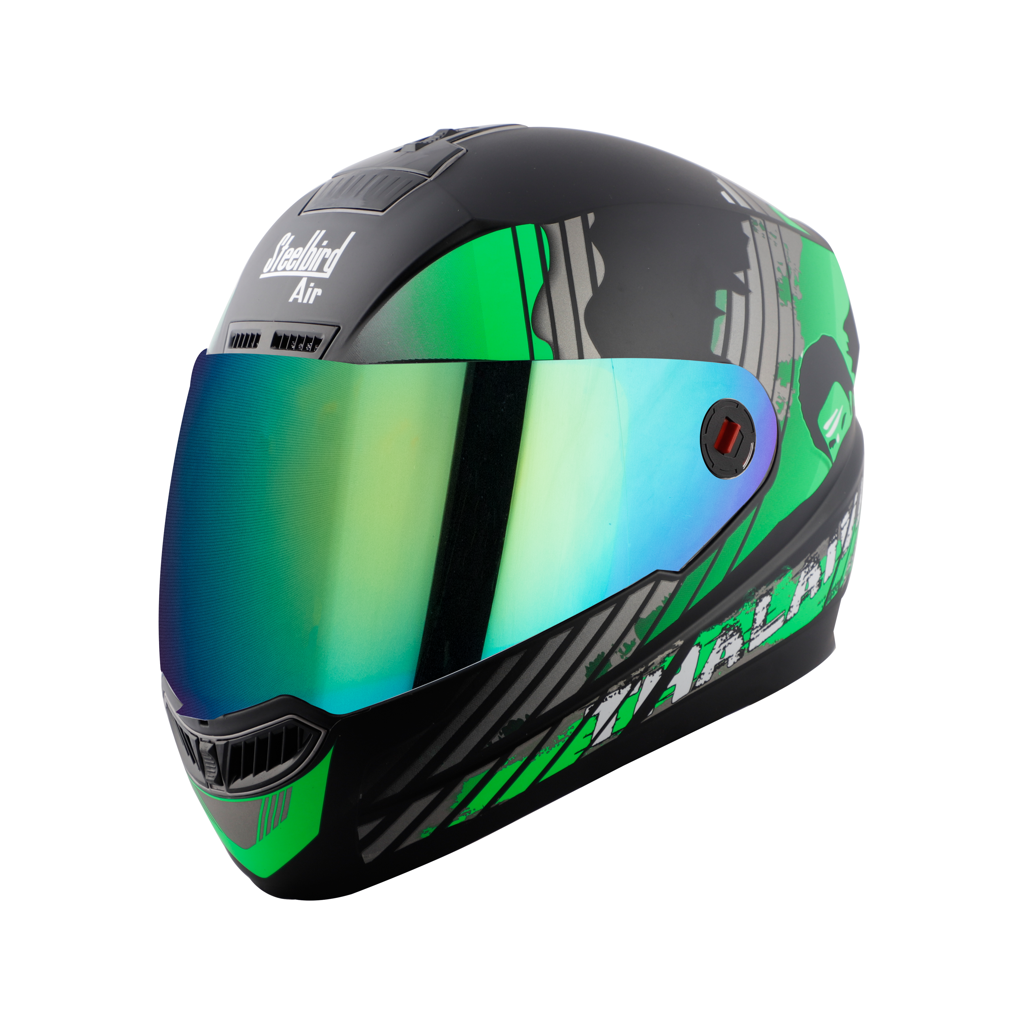 Steelbird SBA-1 Thalaiva ISI Certified Full Face Helmet (Matt Black Green With Chrome Rainbow Visor)