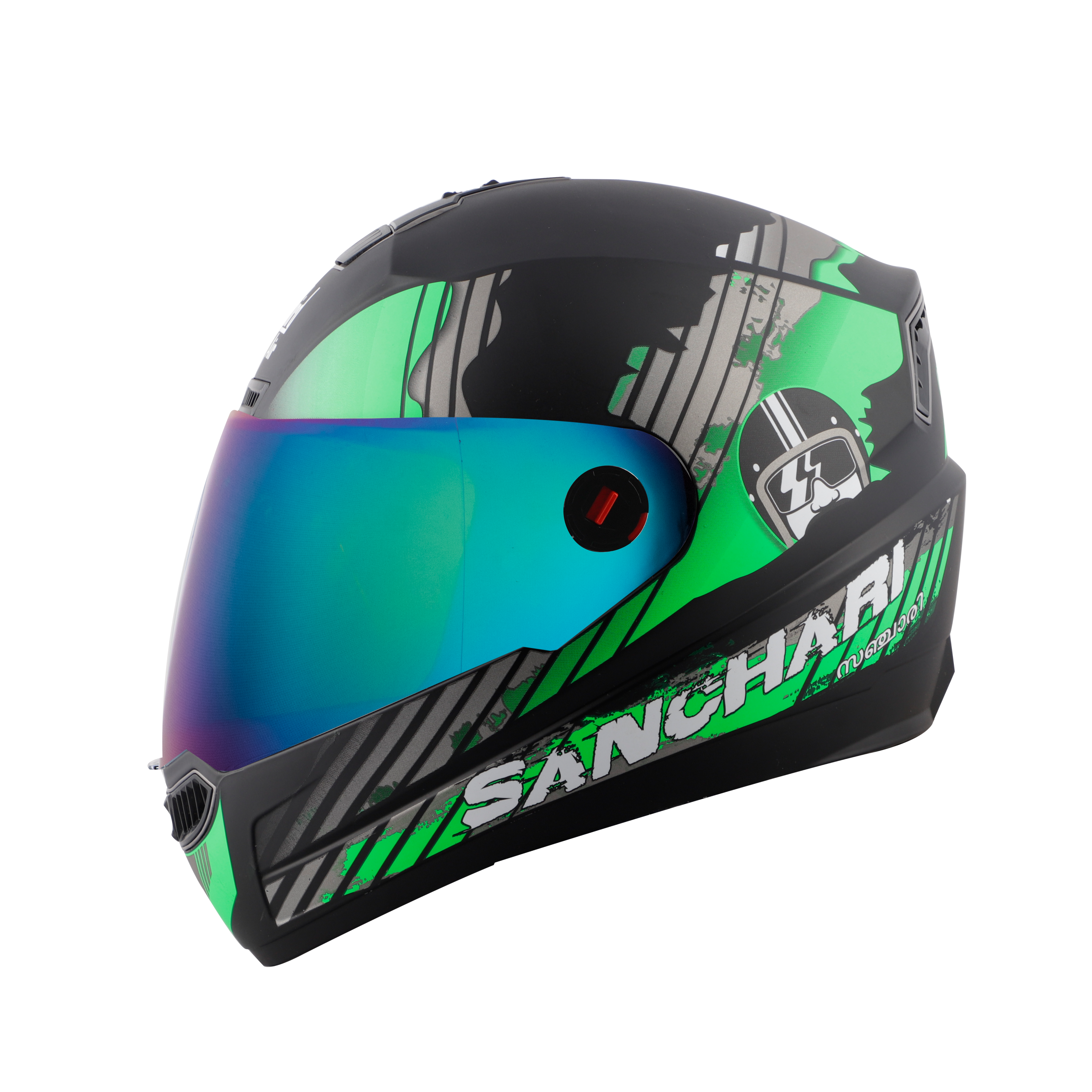 Steelbird SBA-1 Thalaiva ISI Certified Full Face Helmet (Matt Black Green With Chrome Rainbow Visor)