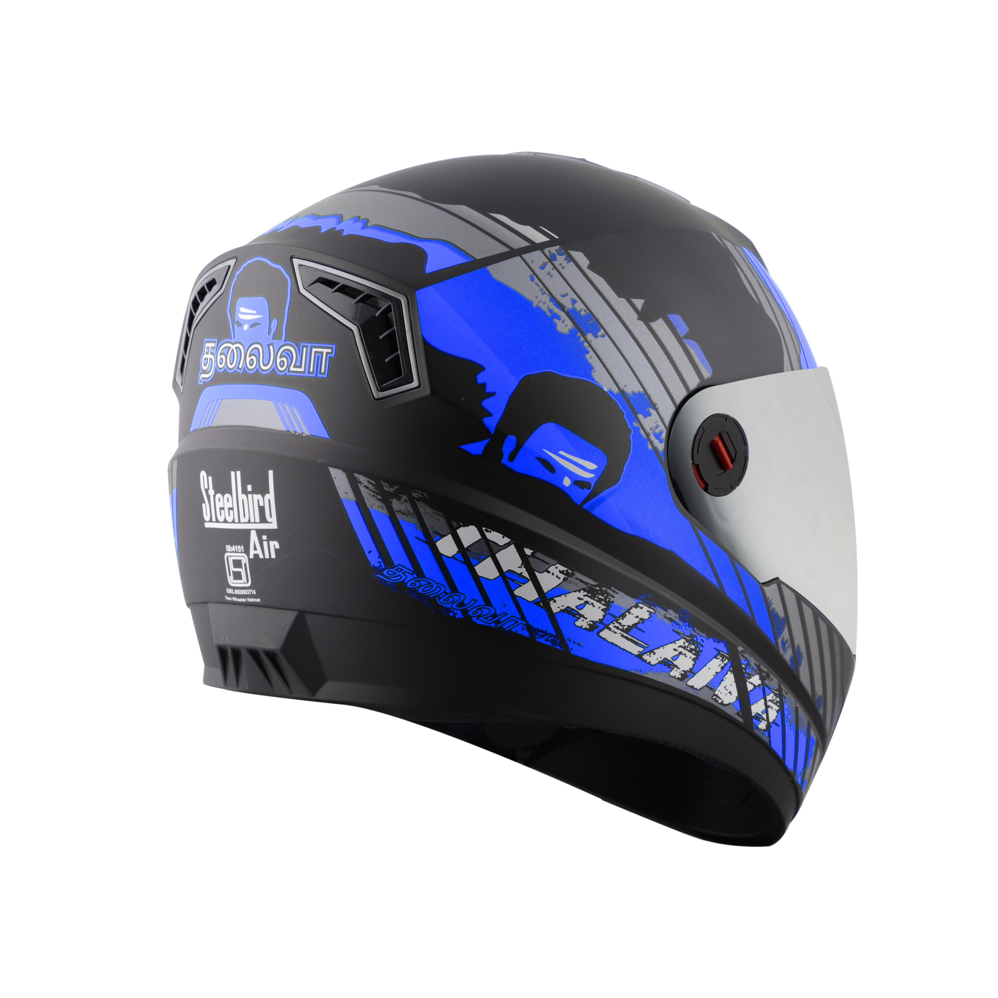 Steelbird SBA-1 Thalaiva ISI Certified Full Face Helmet (Matt Black Blue With Chrome Silver Visor)